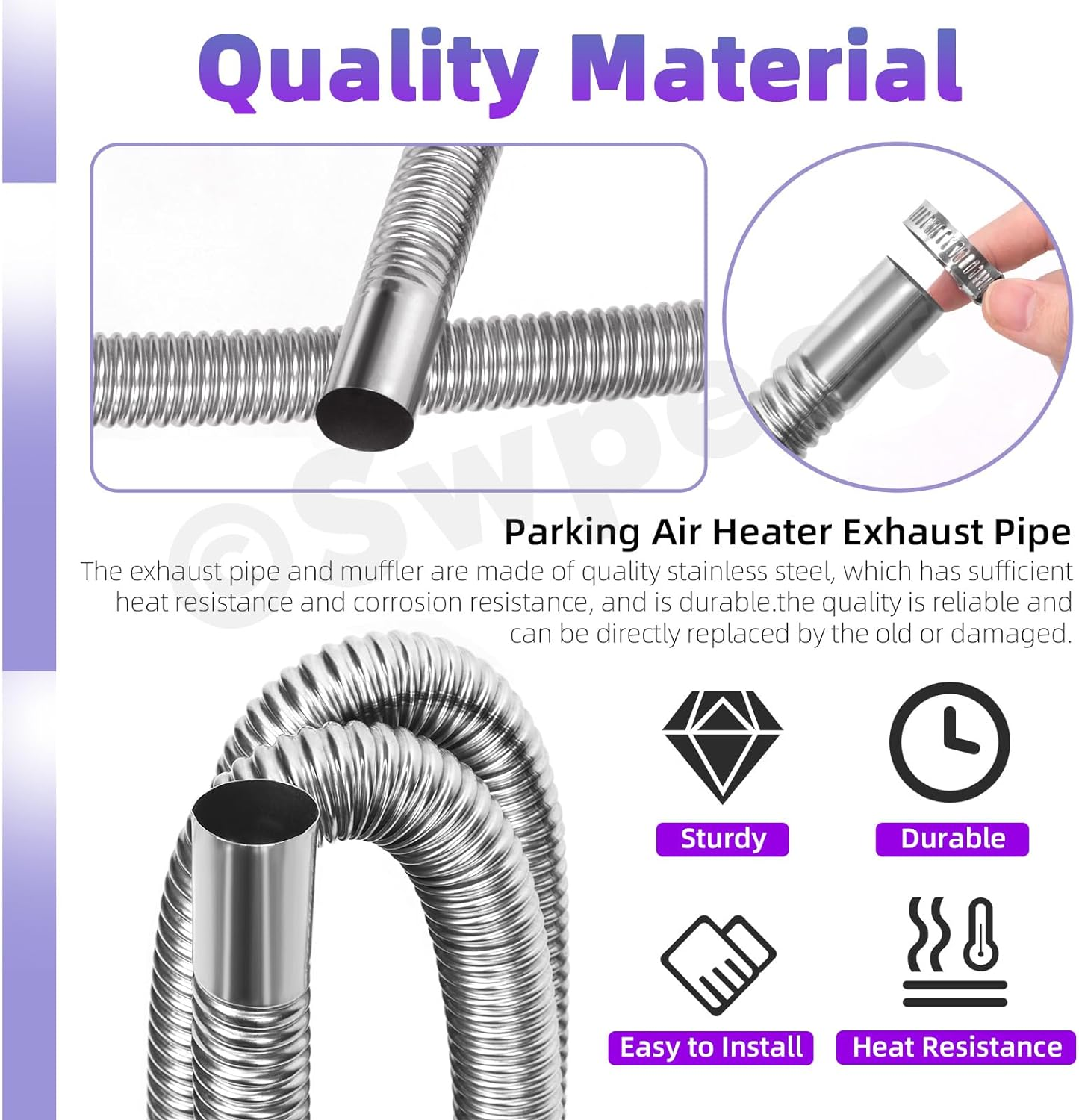 Swpeet 3Pcs 1" X 79" - 25Mm X 200Cm Stainless Steel Diesel Heater Exhaust Pipe with 18Mm-29Mm Hose Clamps Kit, Fuel Tank Air Heater Diesel Gas Vent Hose Exhaust Tubing for Car Vehicle image number 2