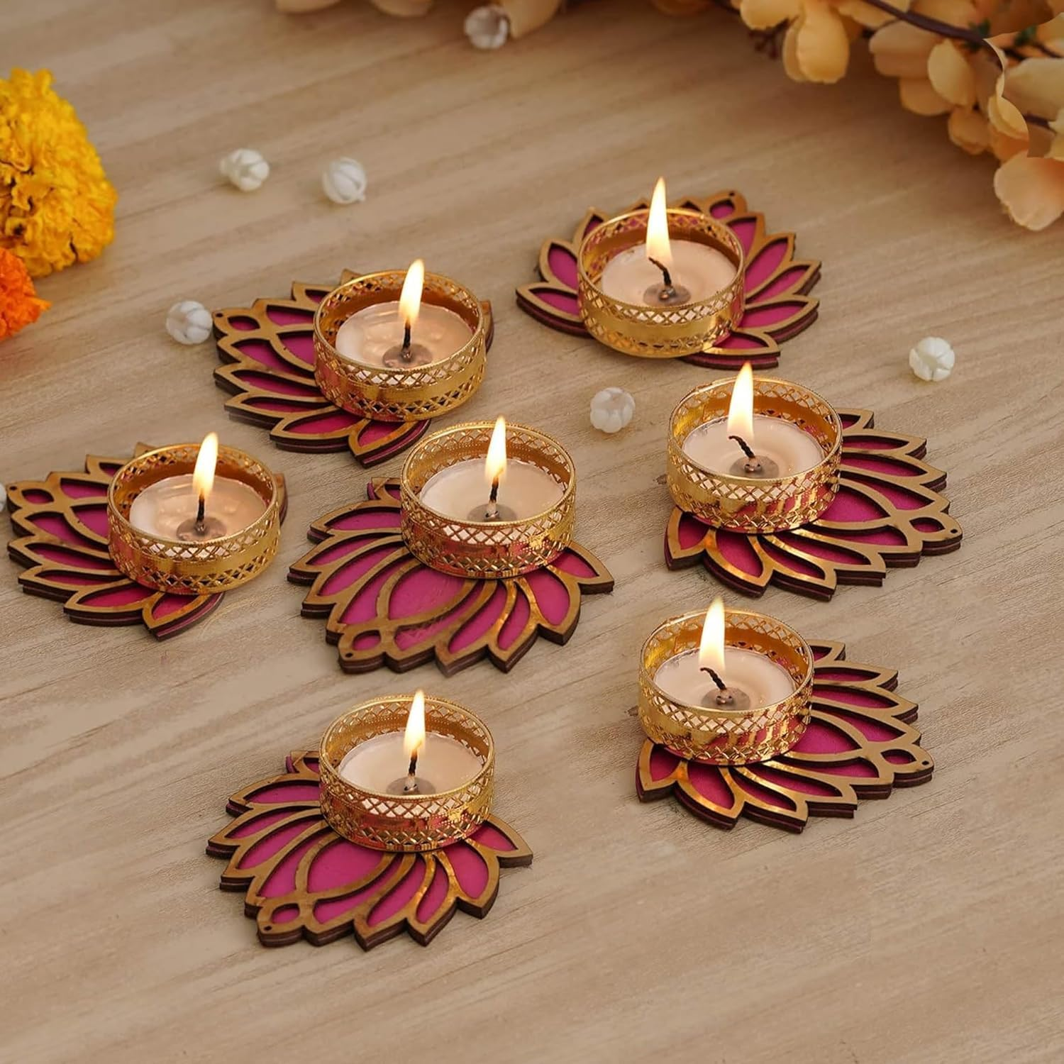Tied Ribbons Lotus Tealight Candle Holder | Set of 7 | Tealight Holder for Diwali Decoration, Indian Decorations Home, Tealight Diya for Diwali, Pooja, Mandir, Temple, Ganesh Chaturthi Decoration image number 5