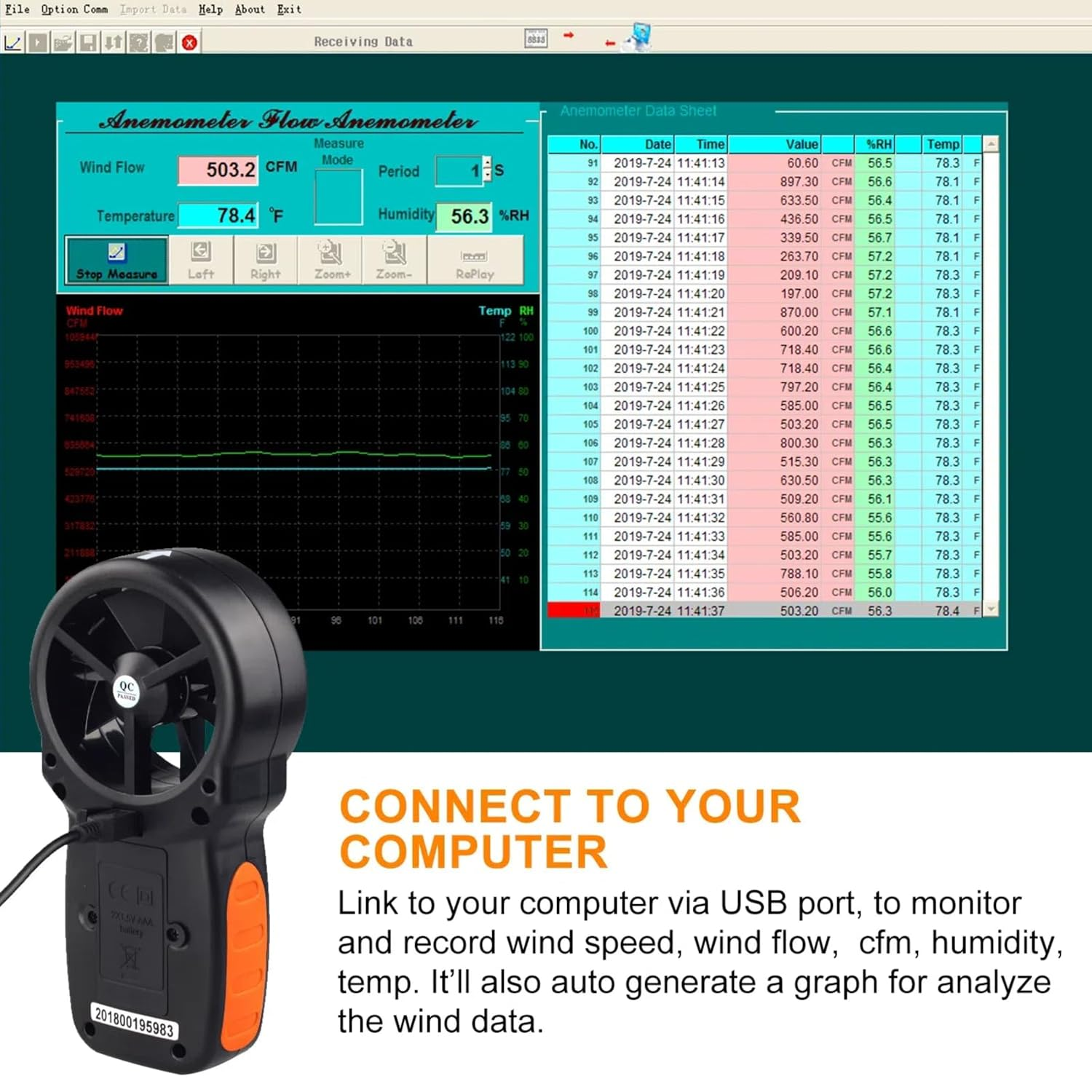 Holdpeak 866A Anemometer HVAC, Pro CFM Air Flow Meter for Wind Speed Temp Humidity Dew Point Airflow Measuring Device, Handheld Wind Gauge Meter with USB