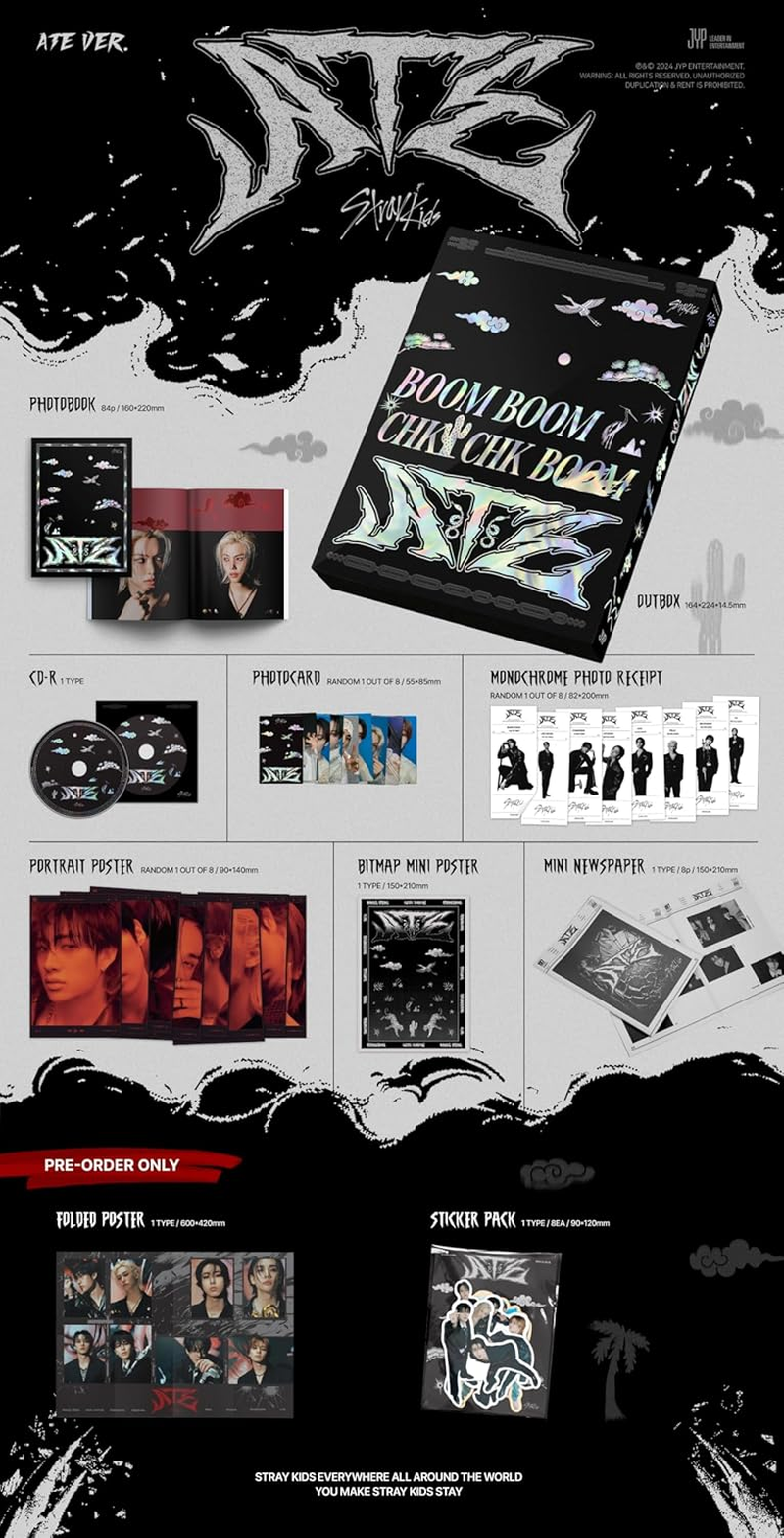 Stray Kids ATE 9Th Mini Album Limited ATE Version Cd+64P Photobook+1P Photocard+1Ea Monochrome Photo Ticket+1P Portrait Poster on Pack+1P Bitmap Mini Poster+1Ea Mini Newspaper+Tracking Sealed SKZ image number 1