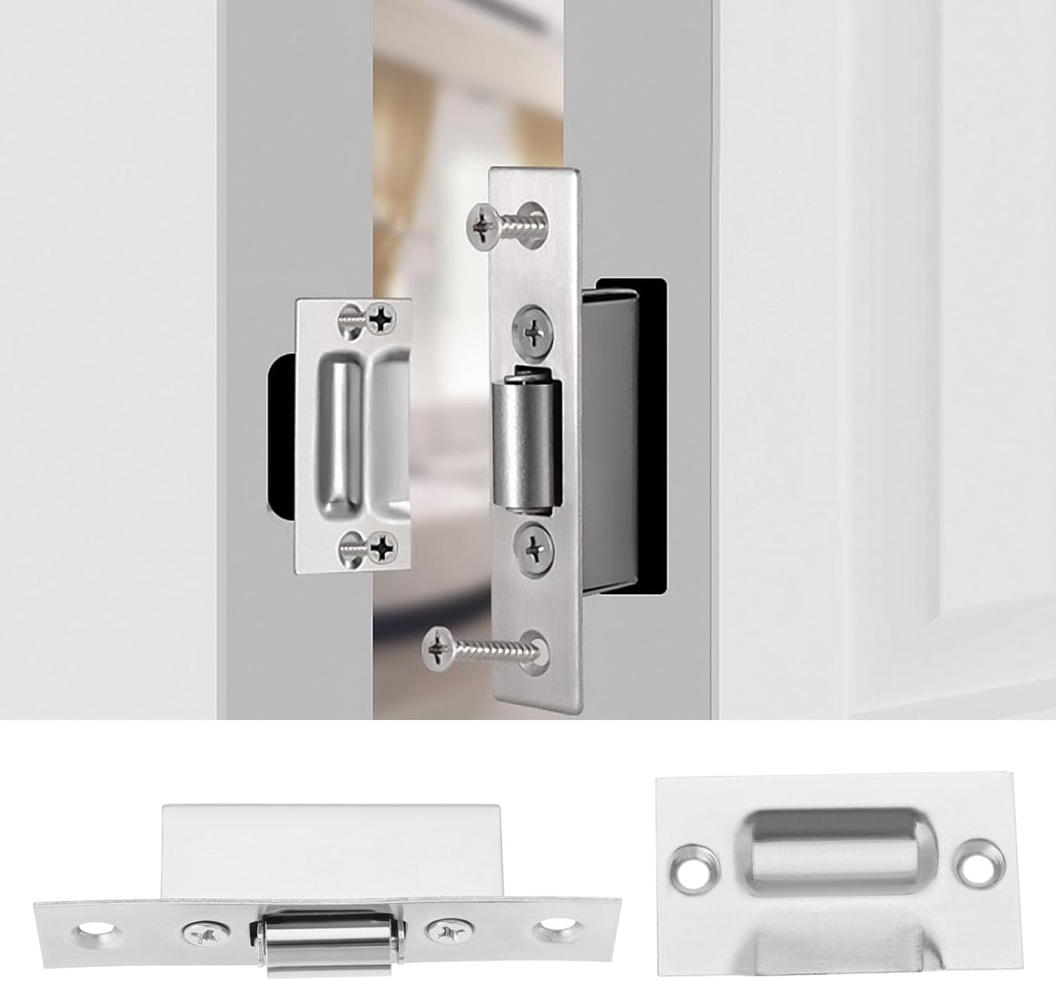 YINETTECH 2 Set Stainless Steel Adjustable Silent Roller Catch Adjustable Roller Catch Door Latches for Cupboards Kitchen Cabinet Bookcases Bathroom, Silver image number 5