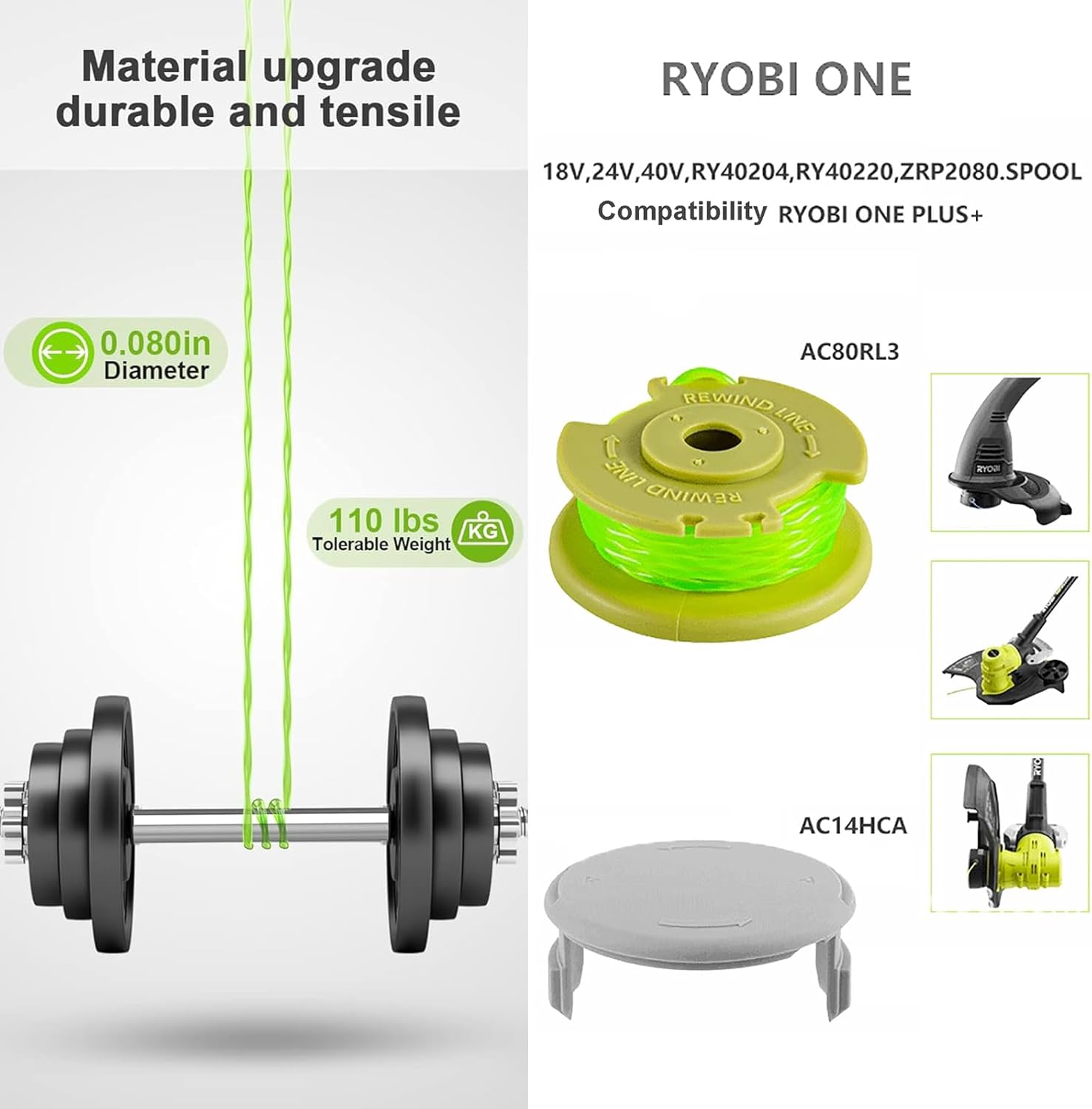 Replacement Trimmer String Set for Ryobi One Plus+, AC80RL3 Twisted String Trimmer Line, AC14HCA Cover Cap Compatible with Ryobi 18V, 24V, and 40V String Trimmers. image number 1