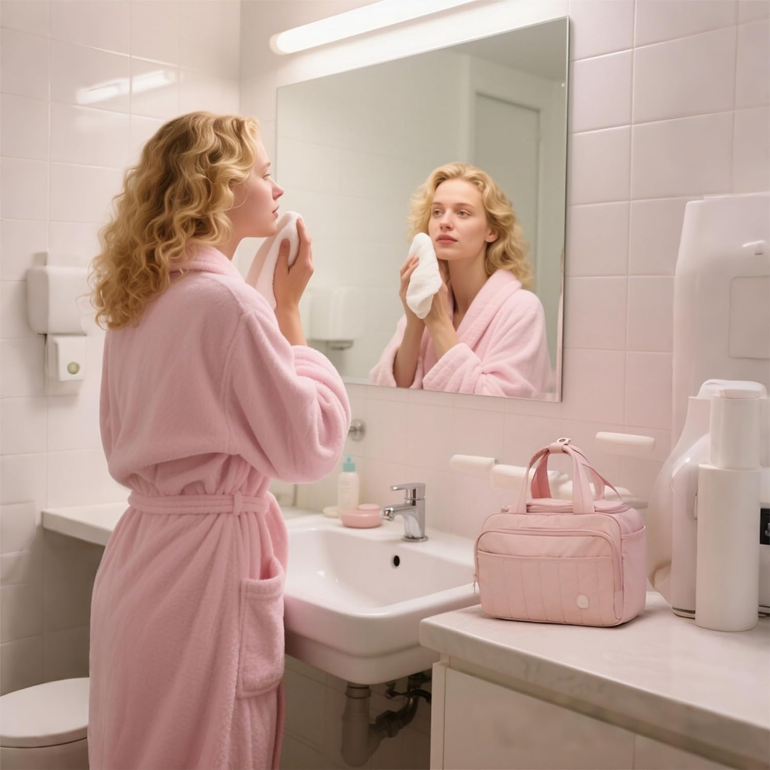 AJI Toiletry Bag Makeup Bag: Travel Toiletry Bag Cosmetic Bag - Lightweight Water-Resistant Travel Makeup Bag - Multiple Pockets Makeup Case for Makeup Storage Travel Toiletries (Milkshake White)