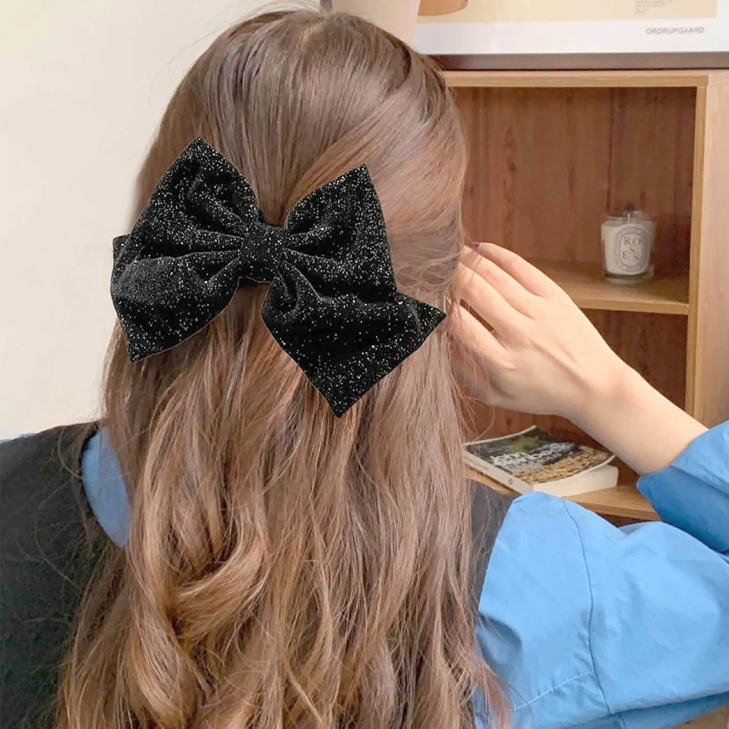 Hair Bows for Women Velvet Bow Hair Clips Sparkling Bow Clips Cute Hair Bow Clips French Hair Band Bow Prom Bows Party Wedding Bow Clip Black Red image number 1