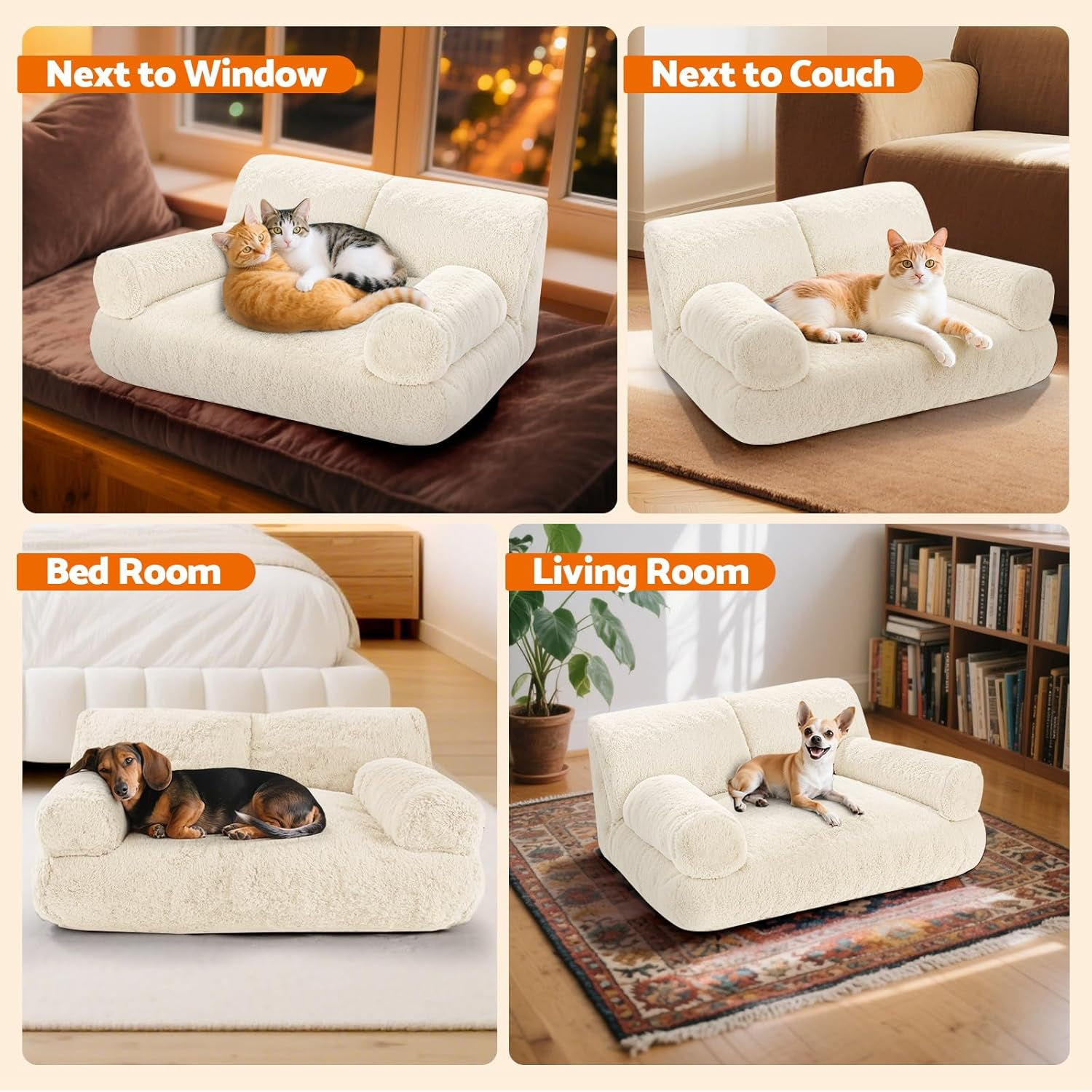 Gimars Upgrade Large Cat Bed for Indoor-Added 10% More Stuff Sponge, Orthopedic Cat Couch Beds with Bolstered Edges, Fluffy Washable with Removable Cover, anti Slip Base, Tea Milk Color image number 1