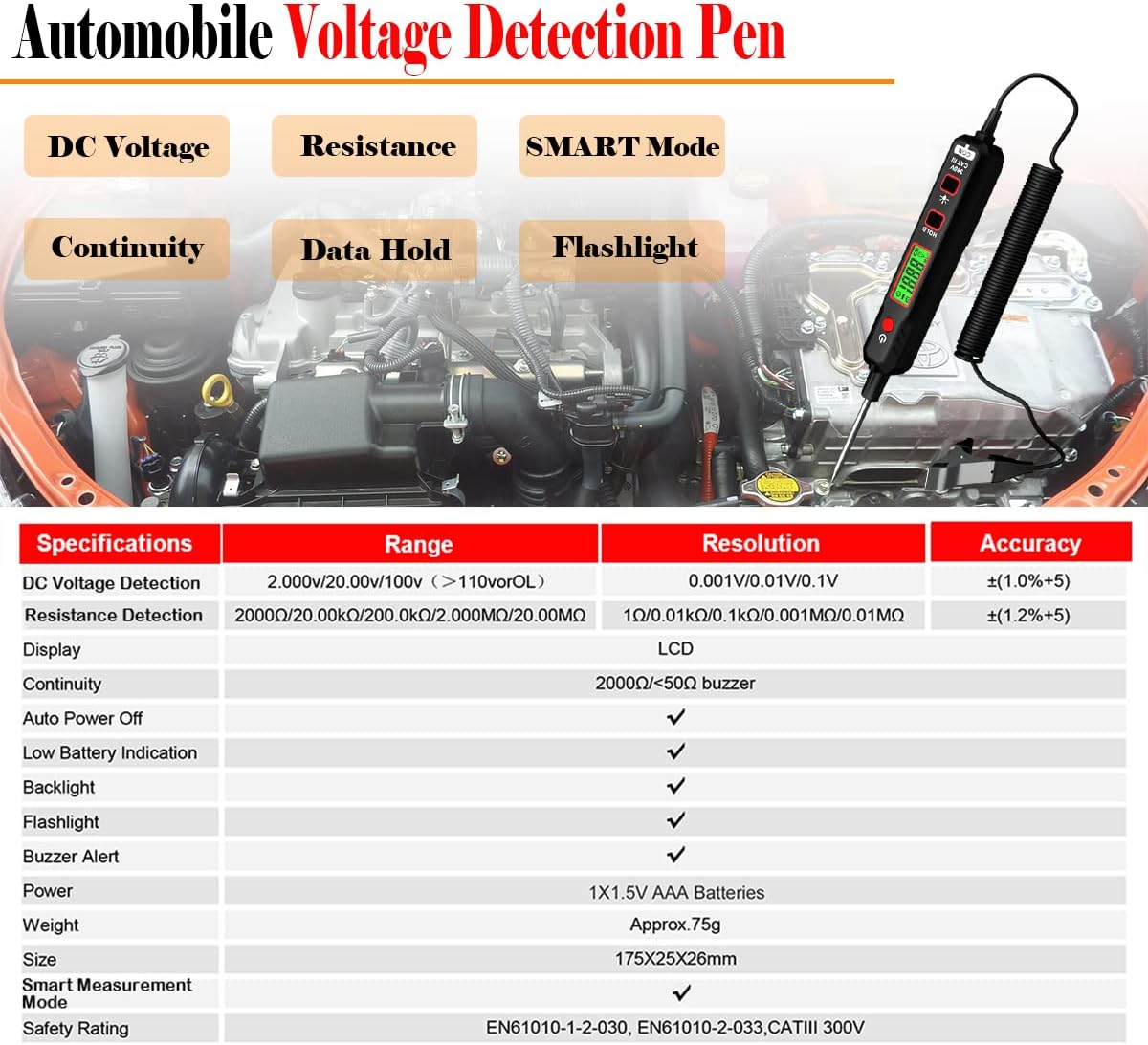 Car Voltage Detector 100V DC Voltage Tester Automotive Electric Circuit Tester Car Truck Low Voltage & Light Tester with Flashlight, Backlight, LCD Display, 190Mm Extended Spring Wire image number 3