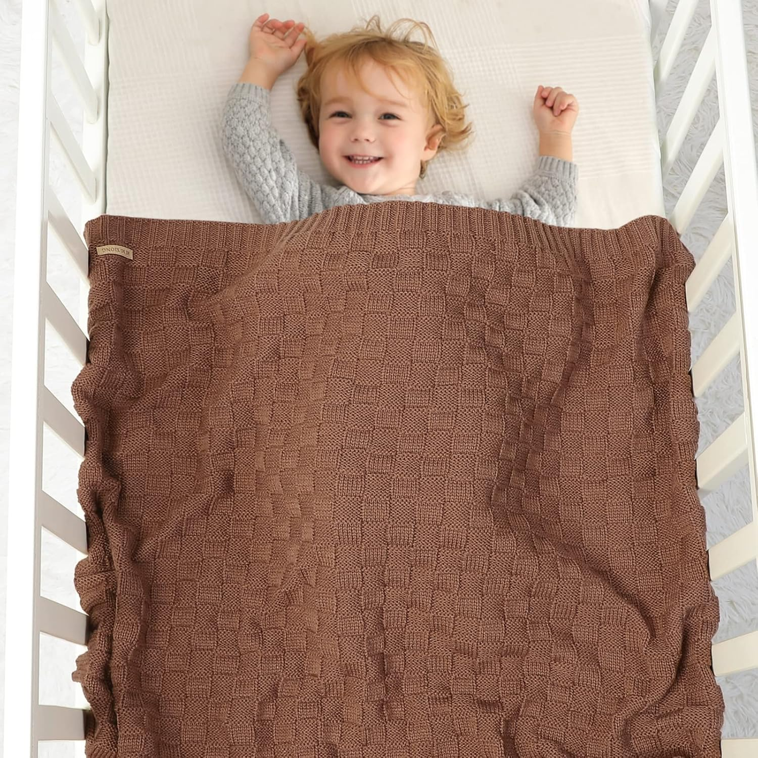 LAWKUL Baby Blankets Knit Cable Babe Blanket Soft Airy Newborn Infant Receiving Swaddling Brown Neutral Crib Stroller 40"X30" - Beige image number 2