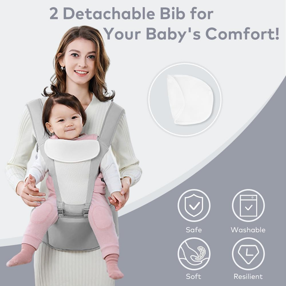 Beideli Baby Carrier with 2 Bibs, 6 in 1 Baby Hip Carrier, Multi-Functional Baby Wrap Carrier for Newborns & Toddlers,Ergonomic Waist Stool, for 0-36 Months Baby(Grey)