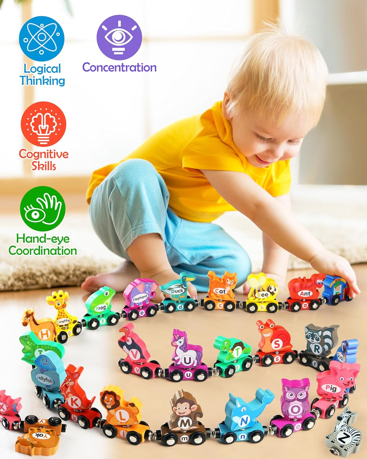 Vanmor Wooden Train Set, Snap-Connection Animal Trains, STEM Take Apart Animal Play Set, Toddler Matching and Magnetic Alphabet Train Learning Toys for Kids Ages 3-5