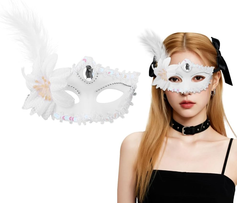 White Masquerade Eye Mask for Women Girls Cosplay Party Decoration Rhinestone Lace Feather Masks for Halloween Costumes Masquerade Accessories image number 6