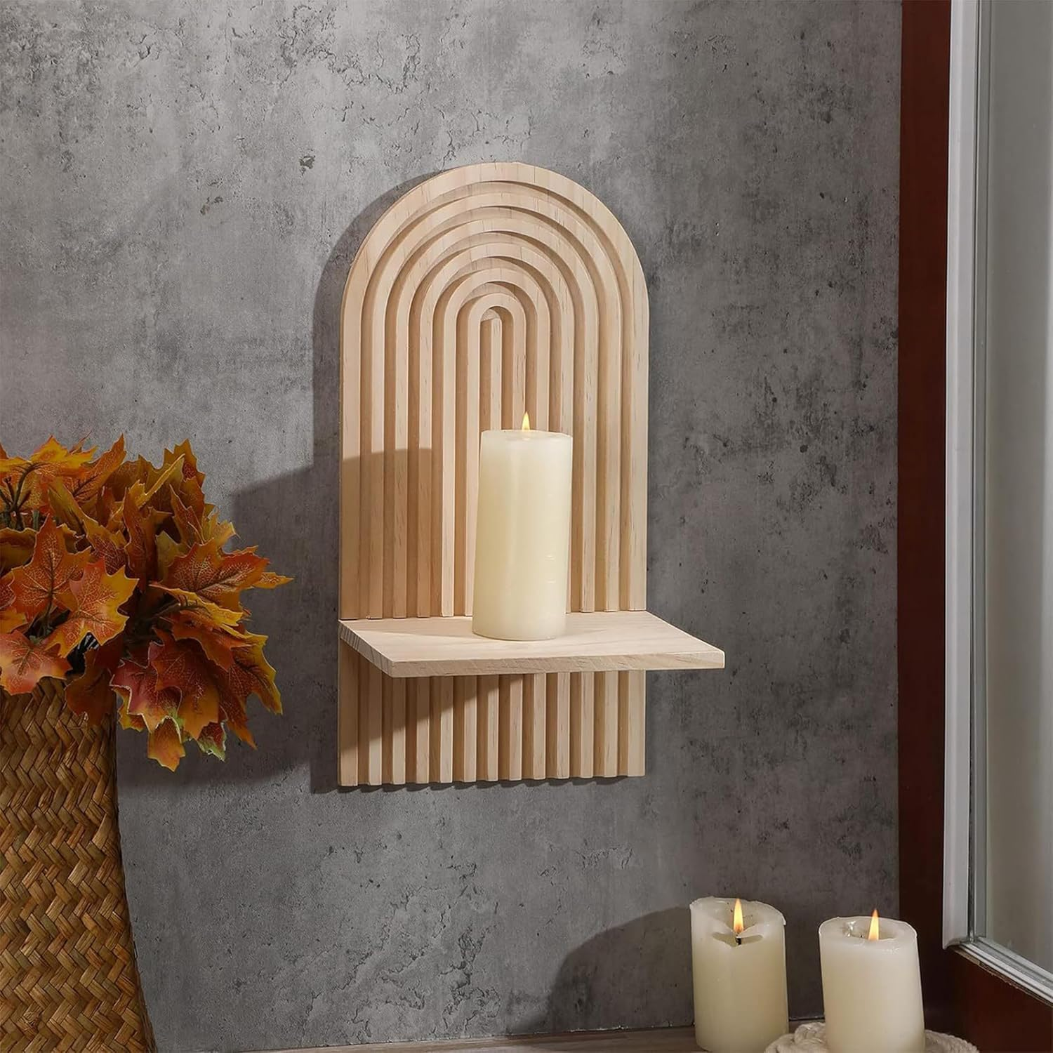 2Pcs Wall Mounted Shelves,Hanging Candle Sconce,Boho Style Display Shelf,Pine Wall Shelf,Wall Shelves Candle Holders,For Living Room Bathroom Bedroom Classroom Office Nursery,Wall Decor image number 6