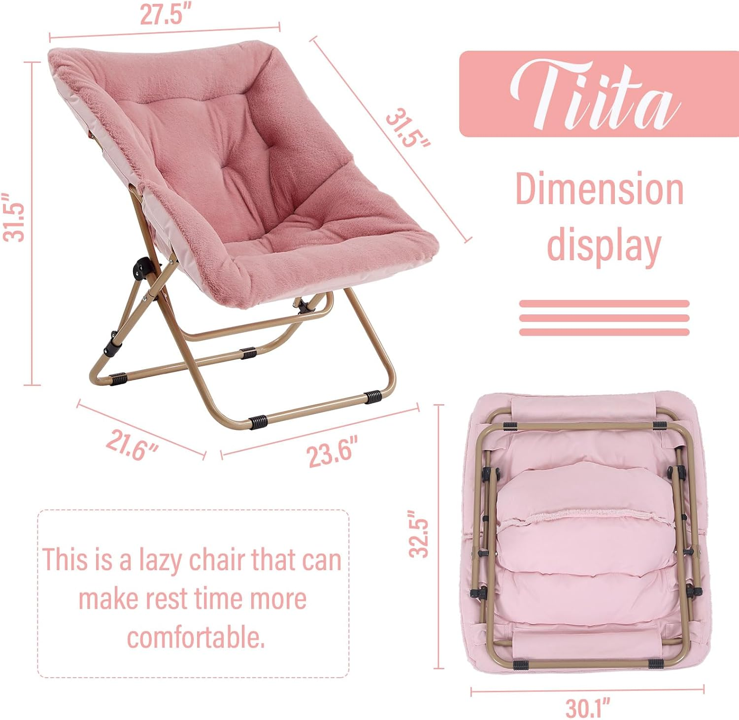 Tiita Comfy Saucer Chair, Soft Faux Fur Oversized Folding Accent Chair, Lounge Lazy Chair for Teens Adults, Metal Frame Moon Chair for Bedroom, Living Room, Dorm Rooms - Beige image number 5