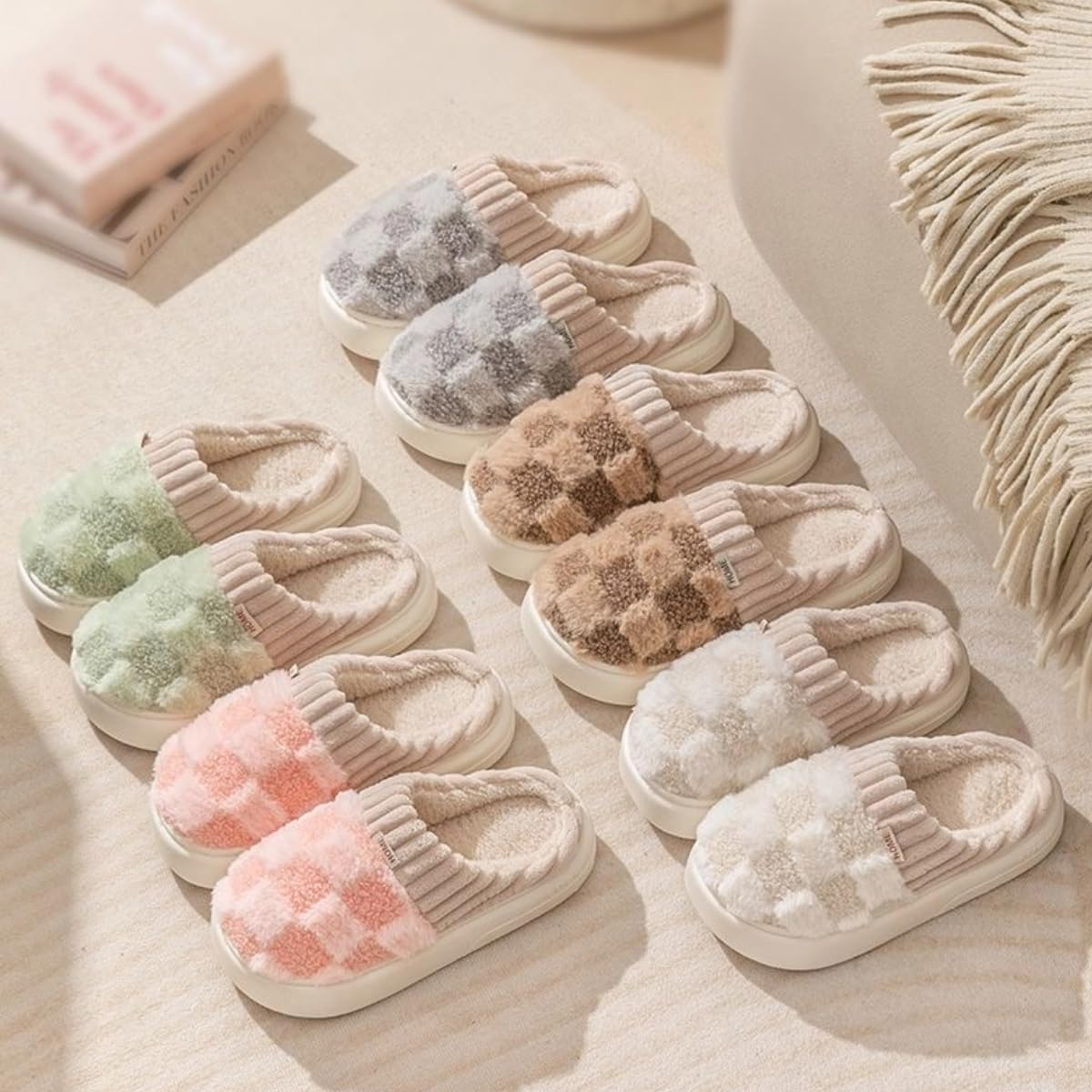 Checkered Slipper House Slippers for Women Men Plush Warm Fuzzy Slippers Flyffy Bedroom Shoes Indoor Slip On image number 6