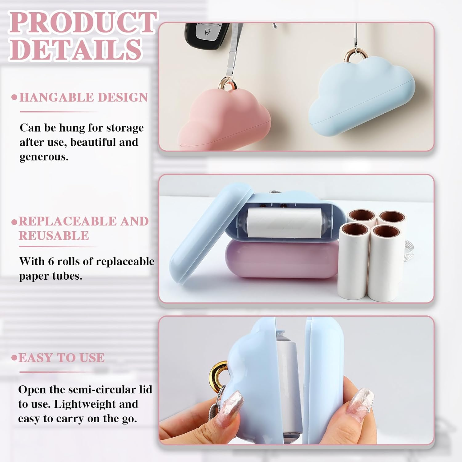 2 Pack Travel Portable Lint Roller with Hand Strap, Reusable Mini Lint Rollers with 6 Refill, Lint Remover for Clothes Bag (Blue+Pink)