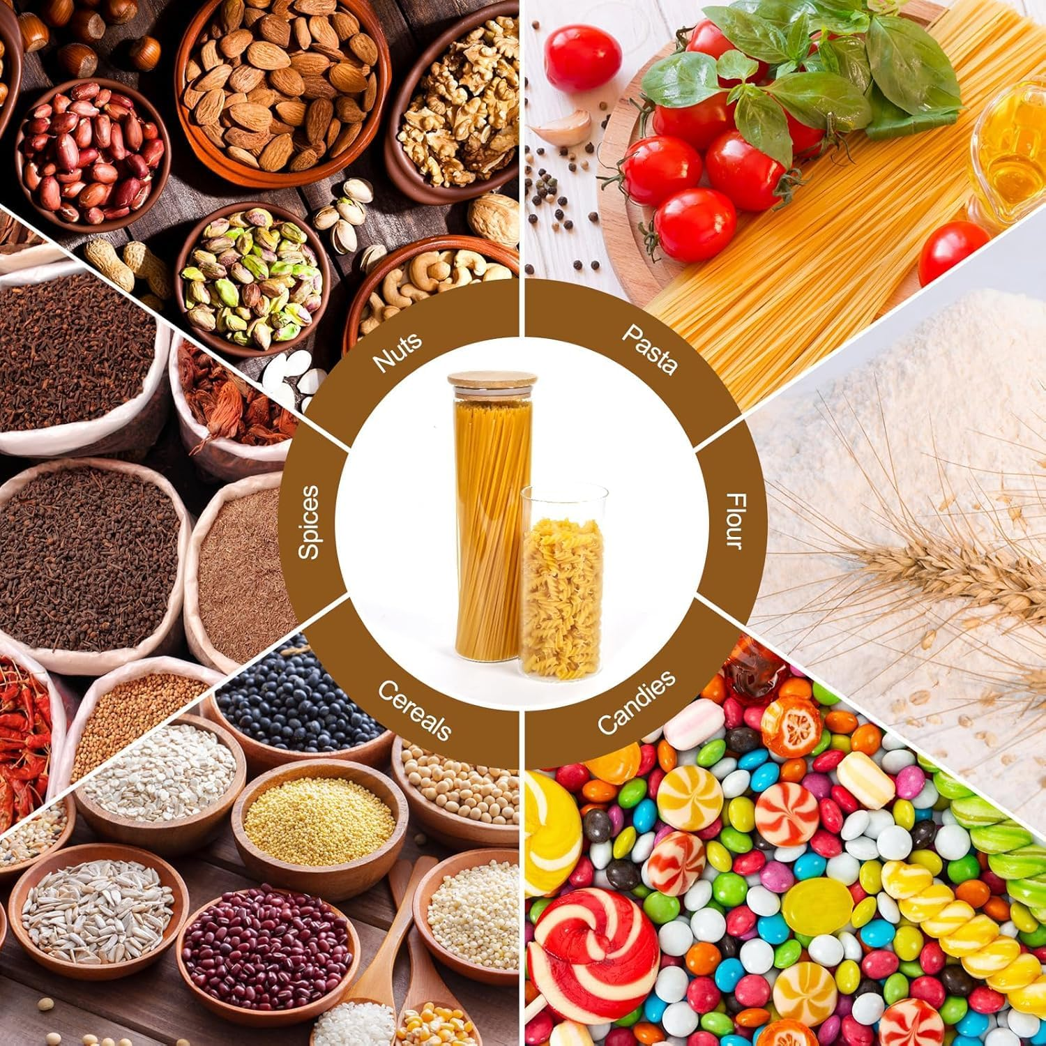 6 Pack Airtight Glass Storage Canister with Bamboo Lid (18.6Oz/43.9Oz/67.6Oz), Glass Food Storage Containers for Pasta, Oats, Coffee, Flour, Sugar, Rice, Spice, Best for Kitchen & Pantry image number 4