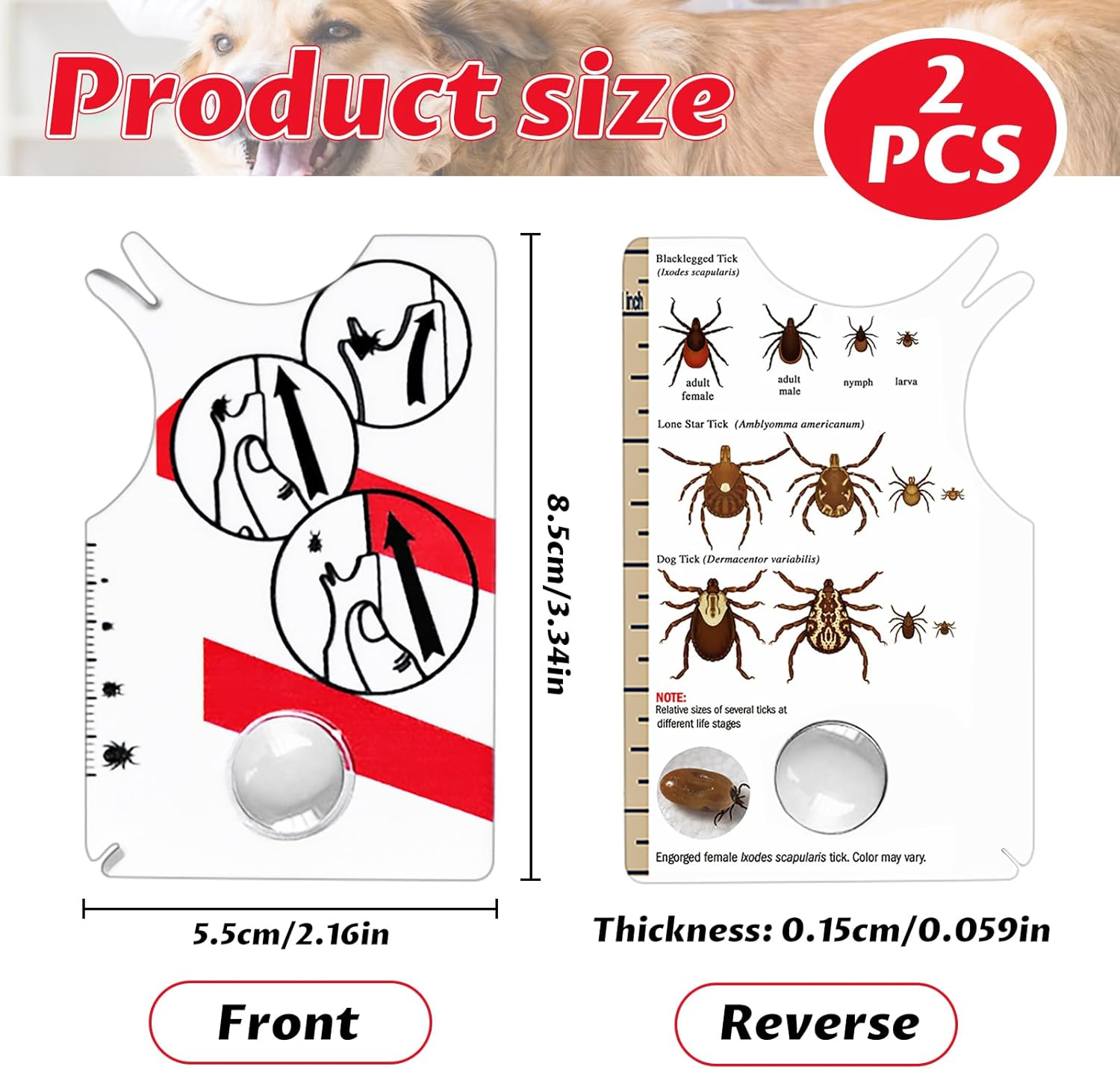 Colorich Pack of 2 Tick Cards Human, Tick Card Dog Cat Tick Removal Tick Card with Magnifying Glass for People Children Dogs Cats