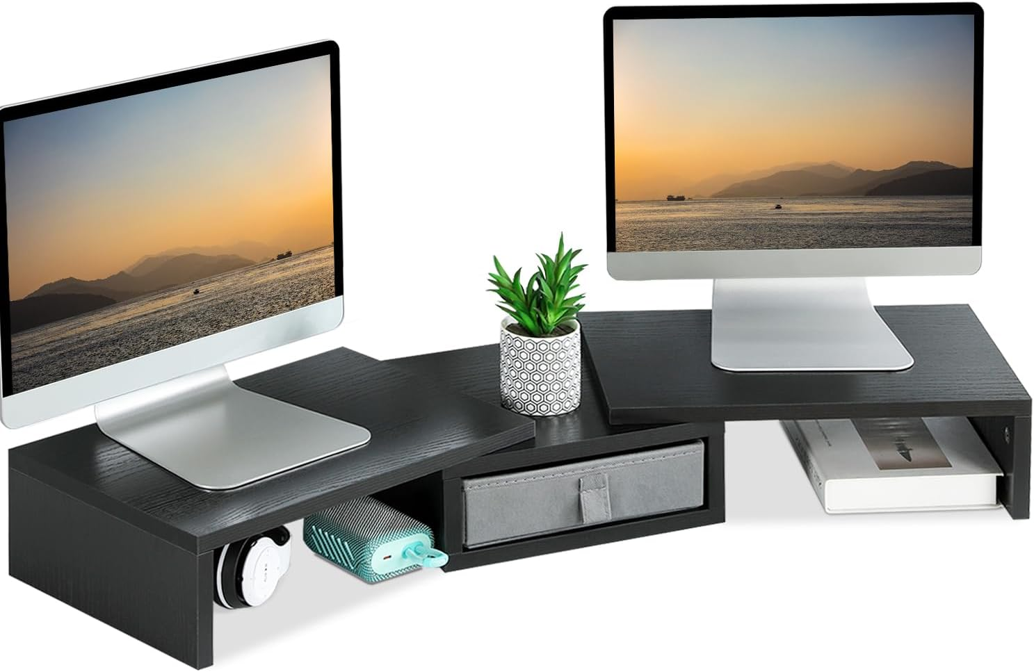 TEAMIX White Dual Monitor Stand Riser with Drawer - Length and Angle Adjustable Double Monitor Riser Corner Desk Shelf Organizer 37 Inch Long Monitor Riser for 2 Monitors/Laptop/Pc/Screen/Tv