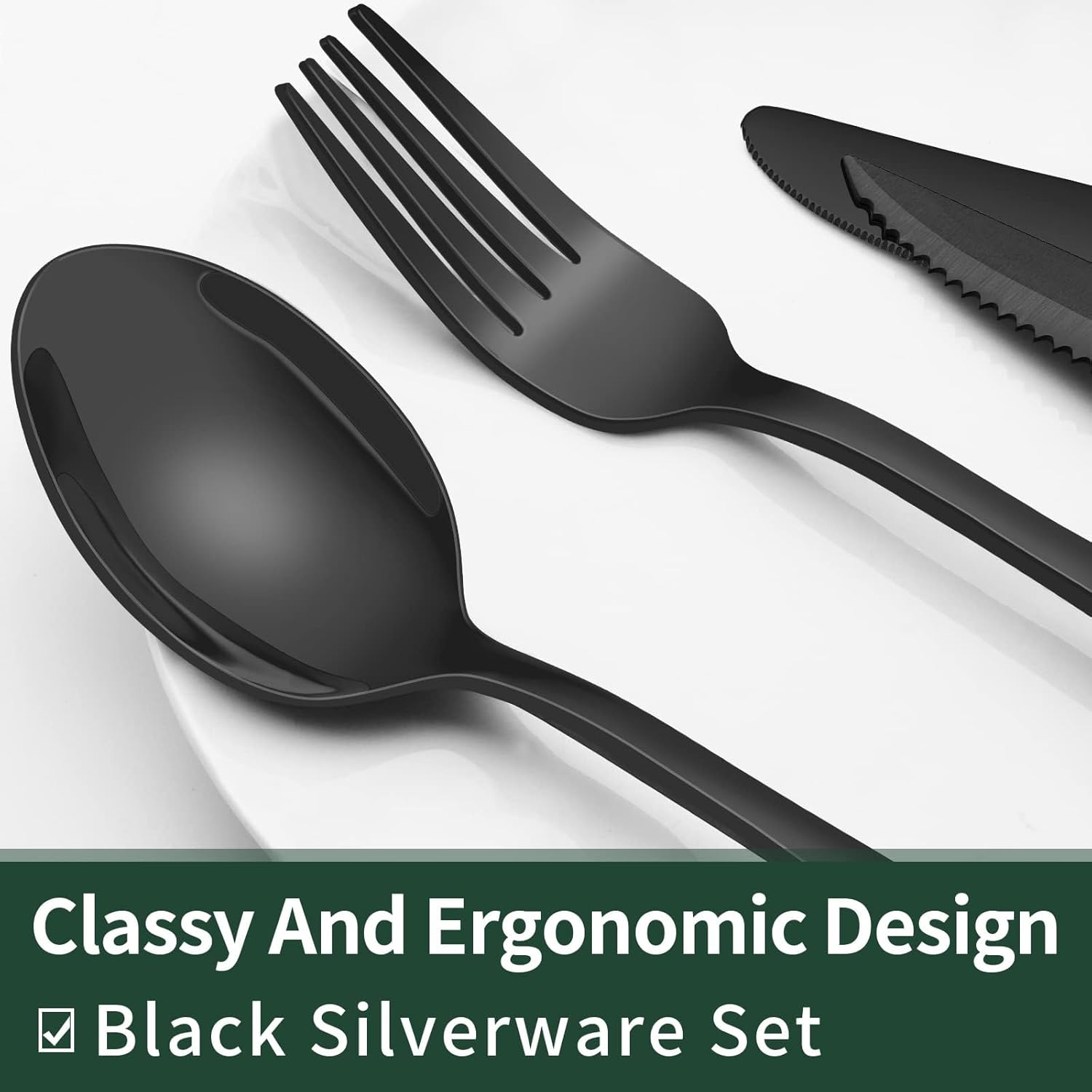 24-Piece Black Silverware Set, Stainless Steel Cutlery Set, Mirror Finish Flatware with Steak Knives