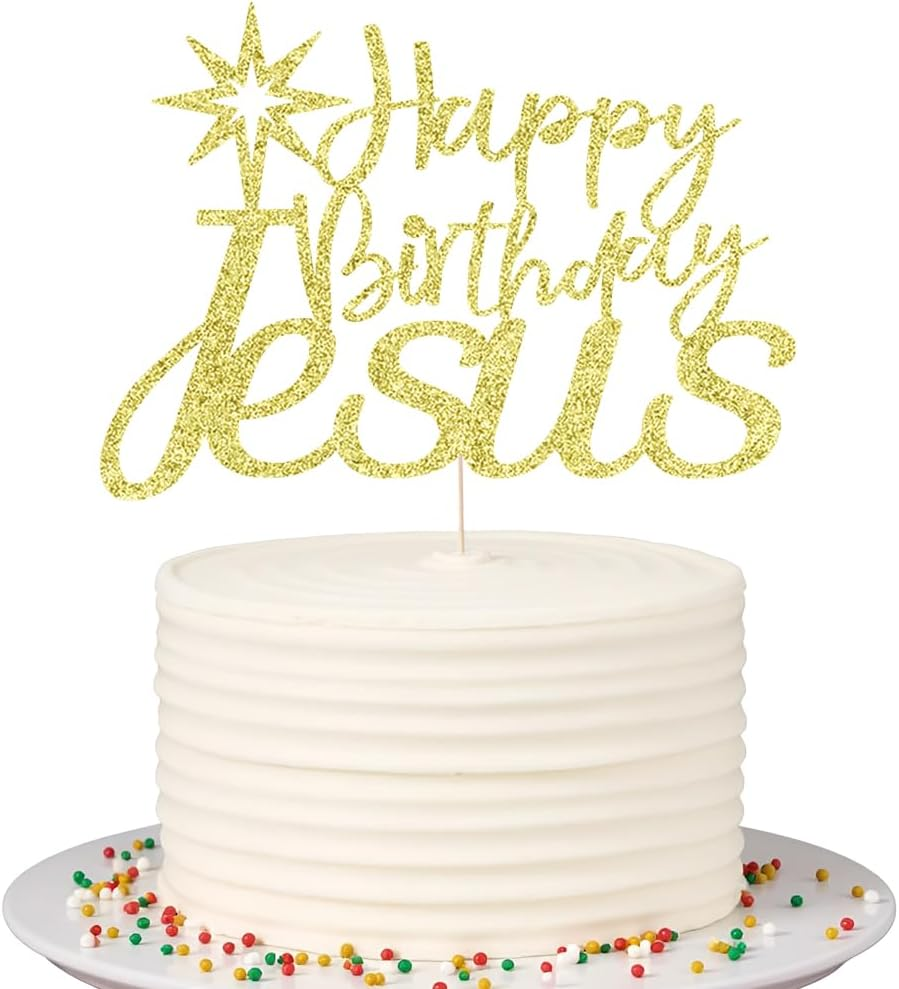 Sparkling Happy Birthday Jesus Cake Toppers - Jesus Birthday, Good Friday Cake Decoration、 Easter Party Decorations, Christmas Party Decoration Supplies (Red)