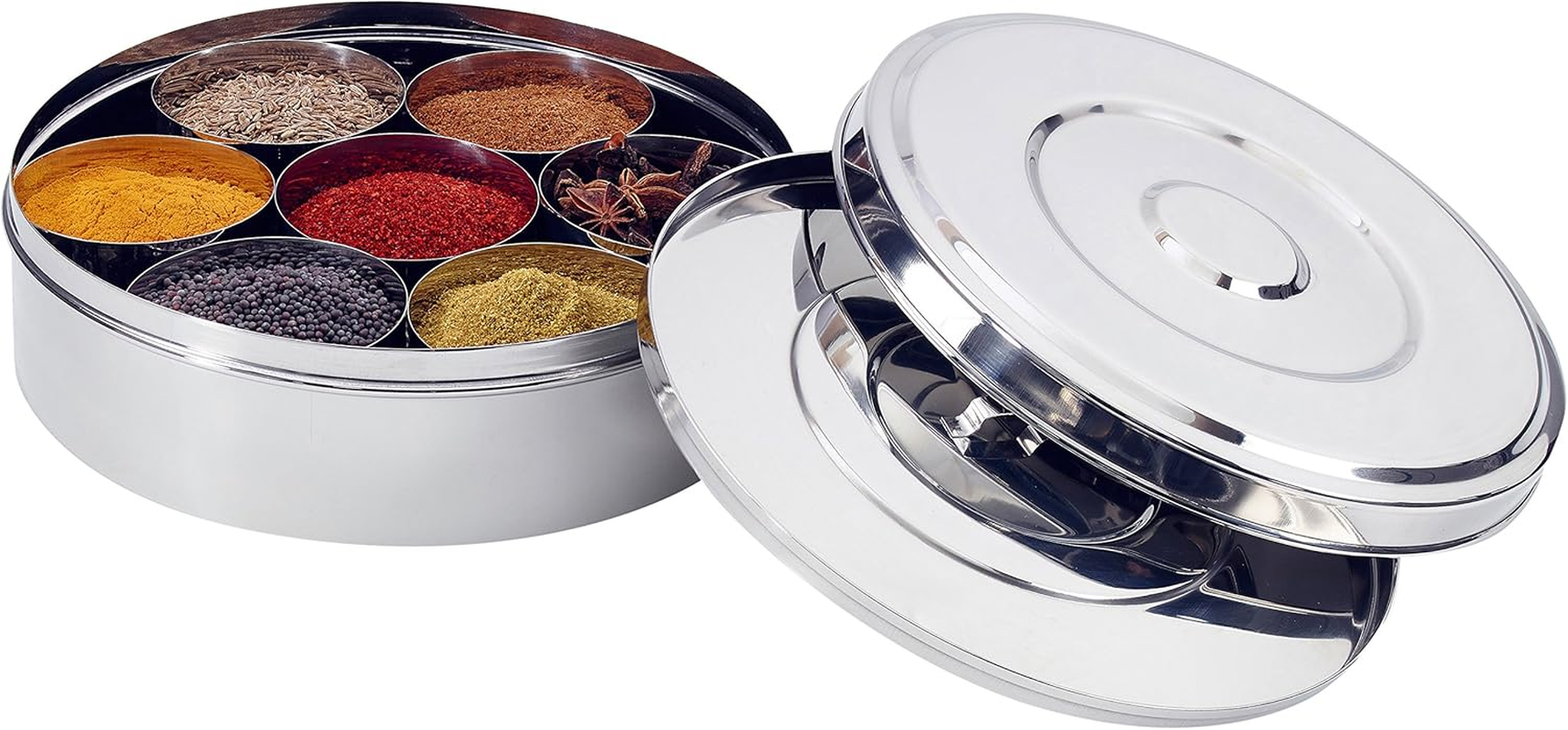 7116 Spice Box/Masala Dabba with 7 Comparments and 2 Stainless Steel Lid, 22 Cm, Silver - 22 Cm, Transparent Lid image number 4