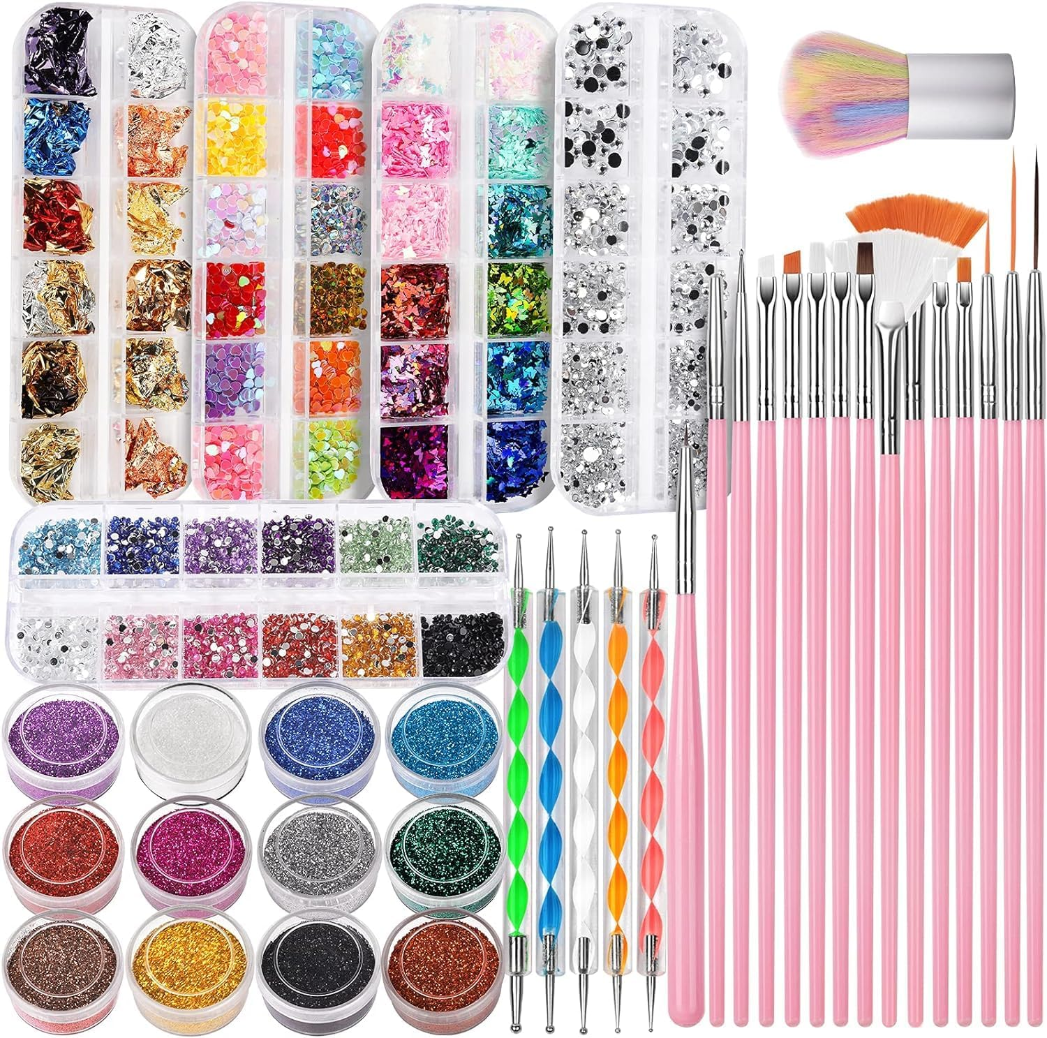 Nail Art Kit, Nail Design Tools Kit with Nail Art Brushes, Nail Dotting Tools,Fine Glitter,Nail Butterfly, Nail Heart Glitter Sequins, Nail Foil Flakes, Nail Art Rhinestones, Nail Dust Brush (Black)