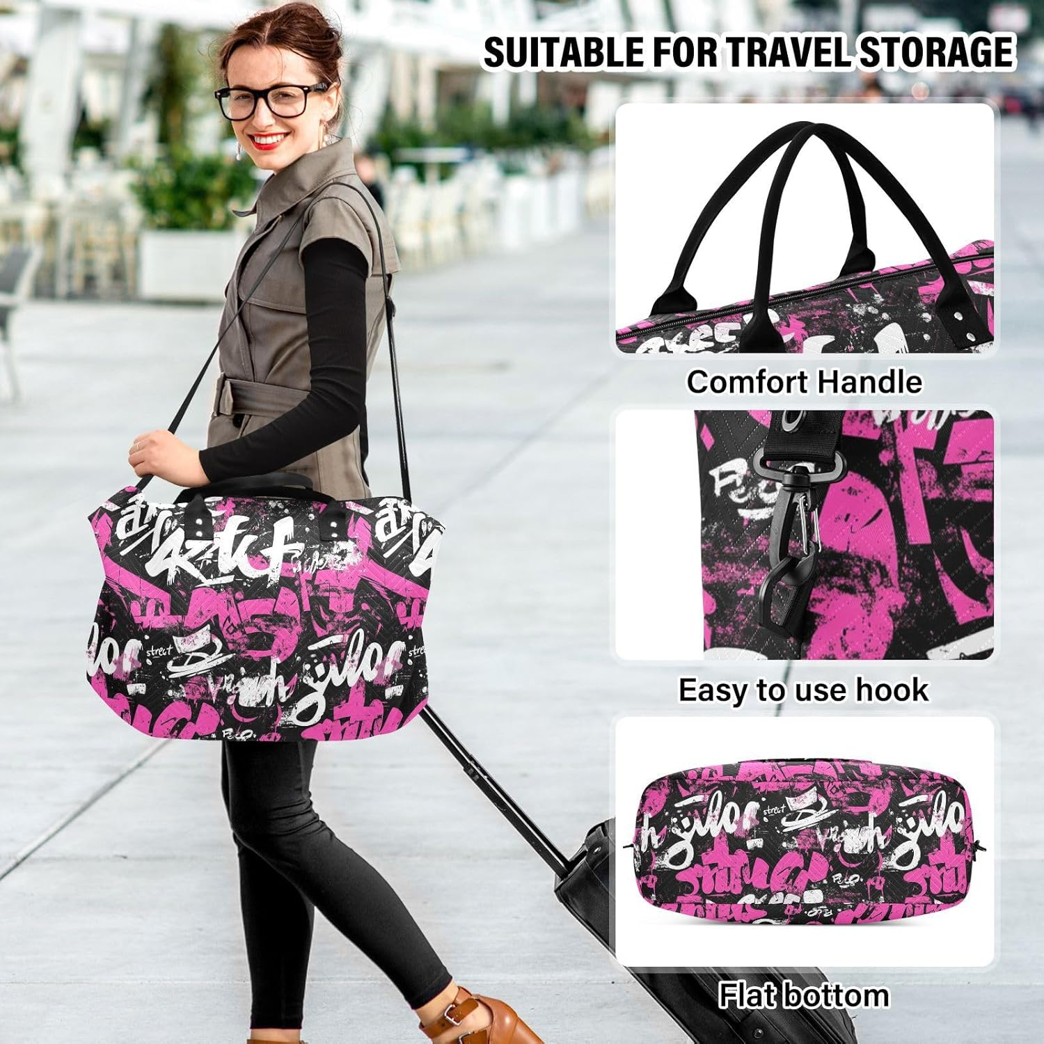 Travel Hand Bag Doodle Peach White Black Cartoon Travel Weekender Gear Bag with Adjustable Strap for Gym Multifunctional Bolsa Para Viajar En Avion De Mujer image number 6