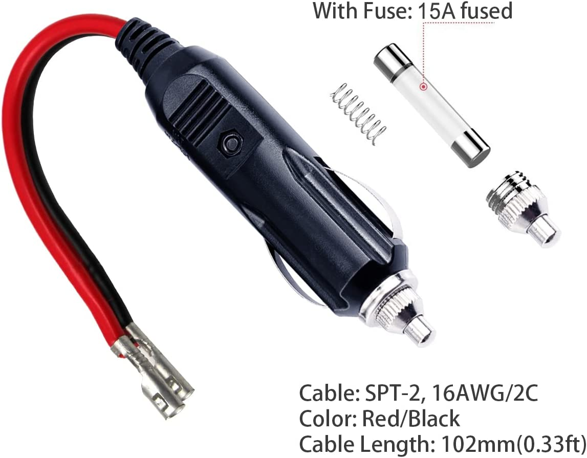 12V Replacement Cigarette Lighter Male Plug with Leads Terminals,Car Adapter Charger Kits Connectors Cigar Plugs Power Supply Auto Cable with LED Lights 15A Fuse for Air Pump image number 2
