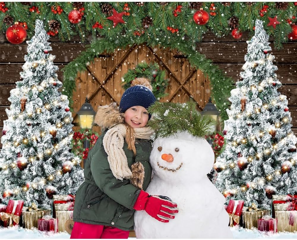Christmas Backdrop 10X10Ft Wood Barn Winter Christmas Photo Backdrop for Photography Wooden Door Christmas Tree Gifts Snowy Background Kids Adult Family Christmas Eve Party Decoration Props image number 4