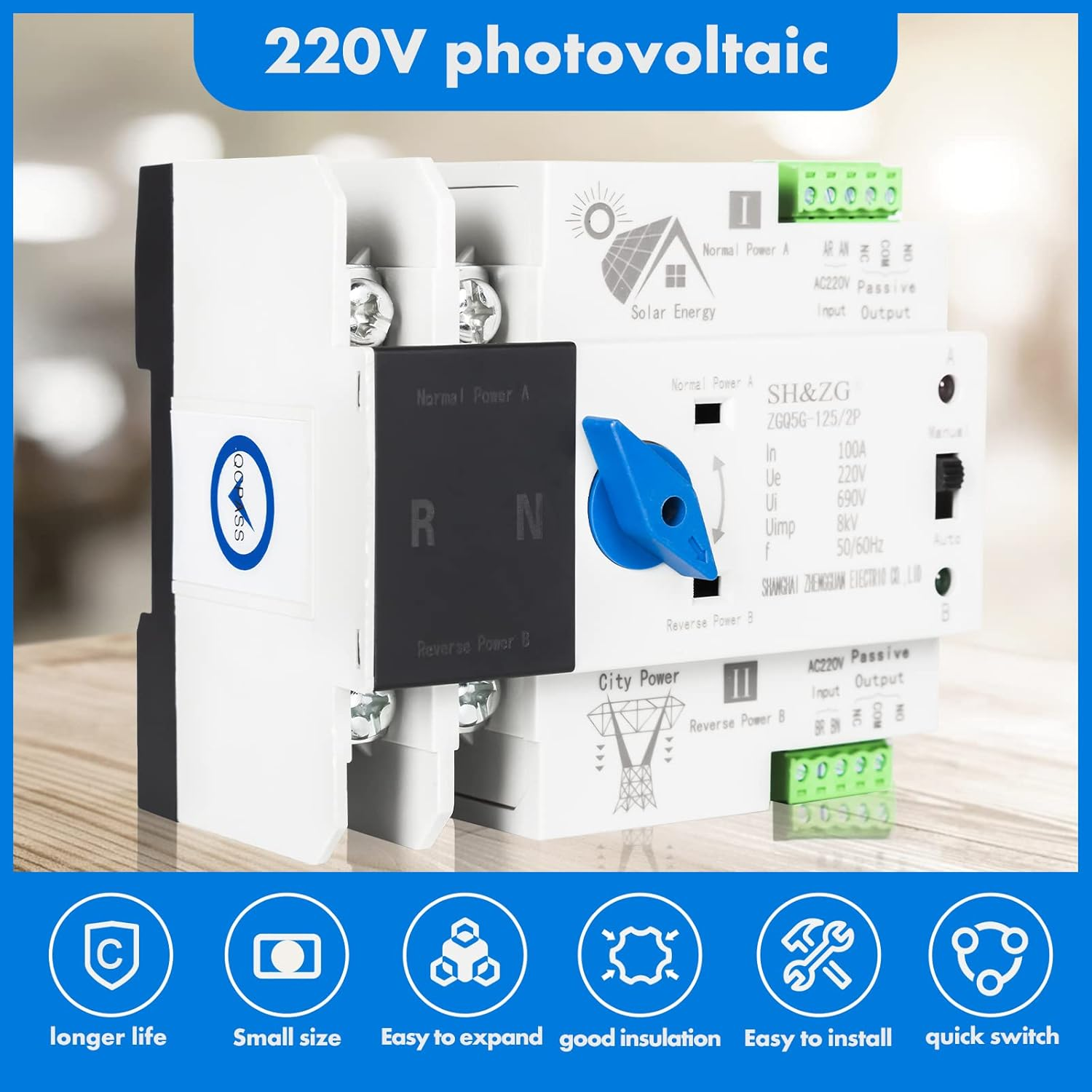 Victool Dual Power Automatic Transfer Switch 2P, AC 220V Photovoltaic Uninterrupted Power Switch, High Sensitive Response Electronic Circuit Breaker Changeover Switch image number 2