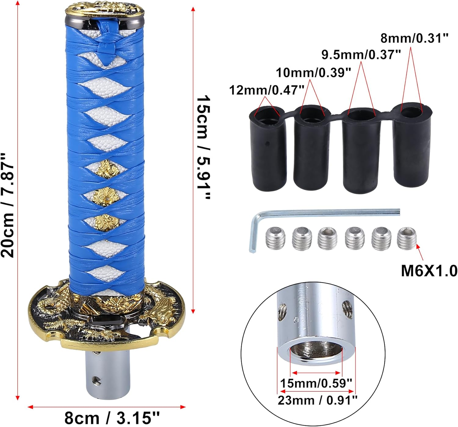 X AUTOHAUX 15Cm Samurai Sword Gear Shifter Lever Katana Shift Knob Classic Braided Pattern for Manual Automatic Shifter Blue White