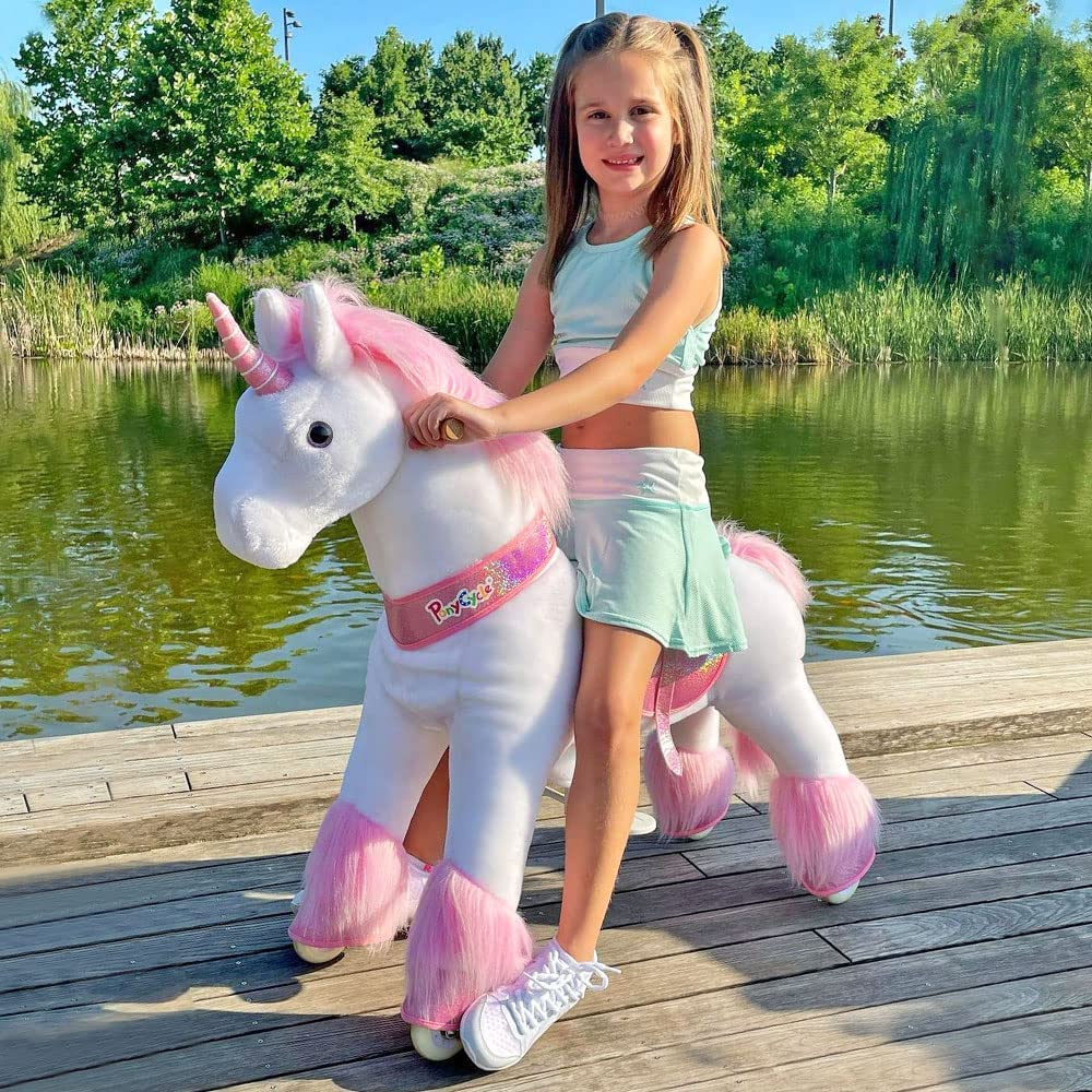 Ponycycle Model U-2021 Ride on White Horse Pink Unicorn Toy Plush Walking Animal Medium Size for Age 4-9 Ux402 image number 5