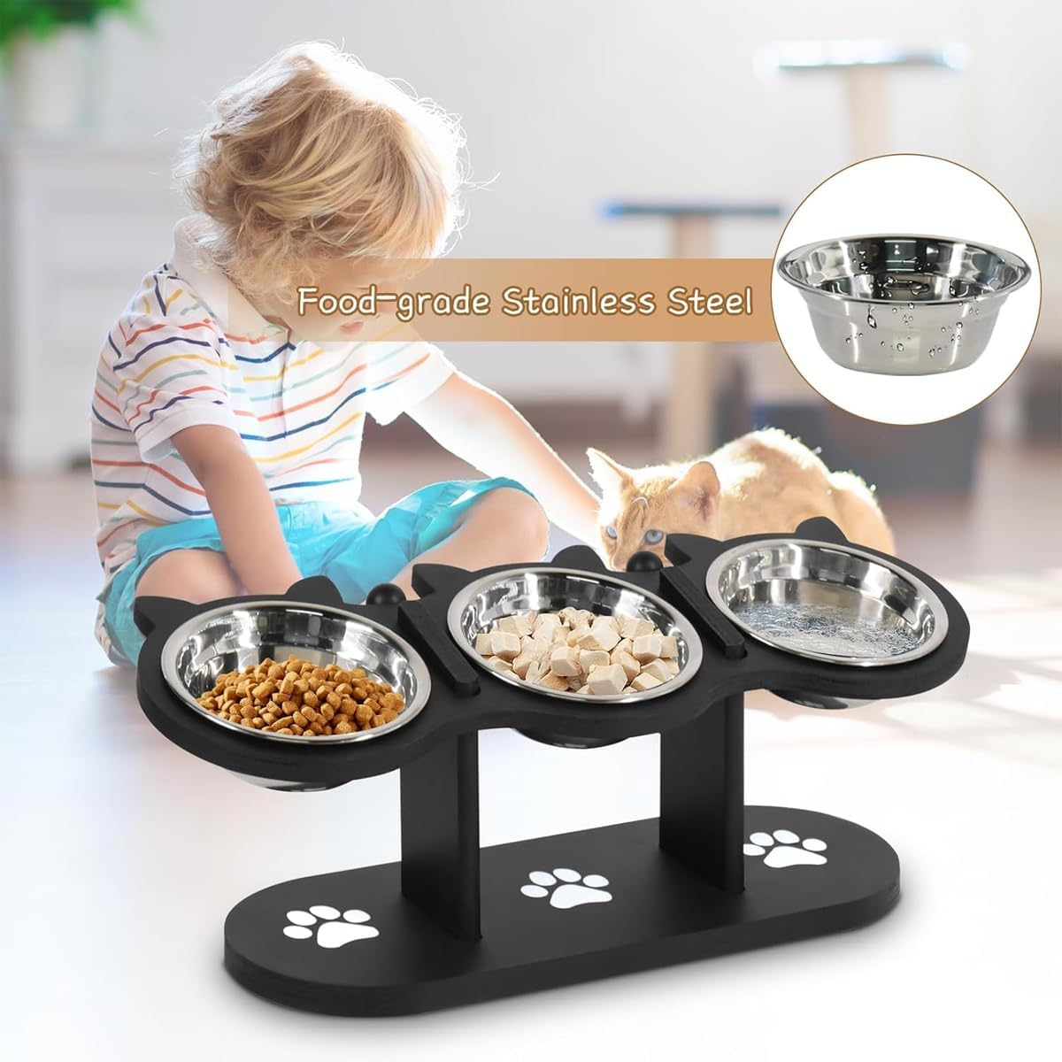 AIMALL 3Pcs Adjustable Pet Feeder, Wooden Cat and Dog Food Bowl Stand with Stainless Steel Bowls, Elevated Feeding Rack for Pets, 16.53X6.29X6.06 Inch Durable Dining Table image number 6