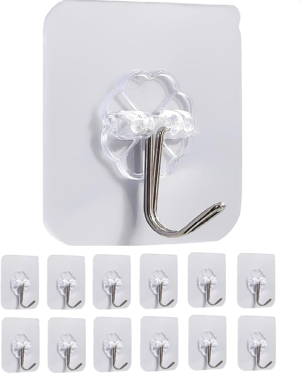 12Pcs Heavy Duty Self Adhesive Hooks for Hanging Towels, Coats, Keys - Waterproof, Transparent Hooks for Bathroom, Kitchen, Door - Outdoor Home Improvement Utility Hook
