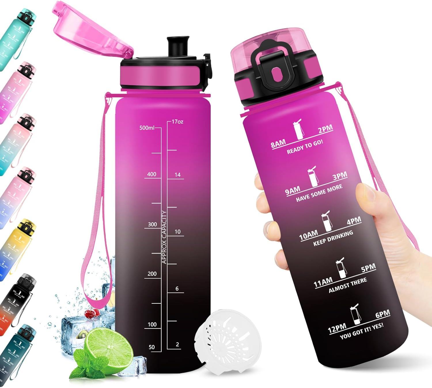 Water Bottle 500 Ml, Water Bottle with Time Marking, Water Bottle with Filter, Leak-Proof, Bpa-Free, Sports Bottle for Fitness, Bike, Office, School, Outdoor, Yoga, Adults, Suitable for Sparkling