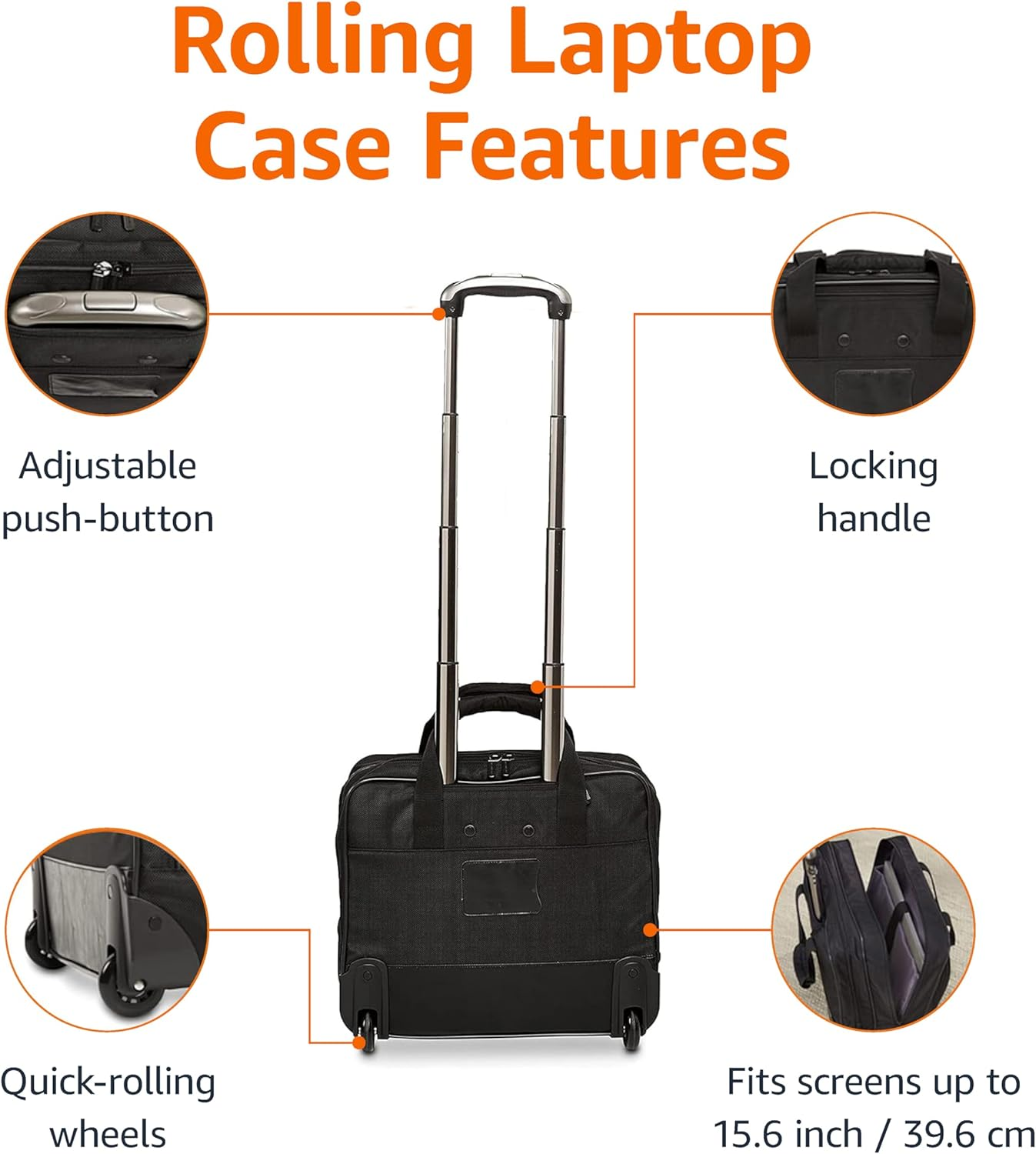Amazon Basics Rolling Laptop Bag Case with Wheels, Rolling Briefcase Fits up to 15.6 Inch Laptop, Black image number 4