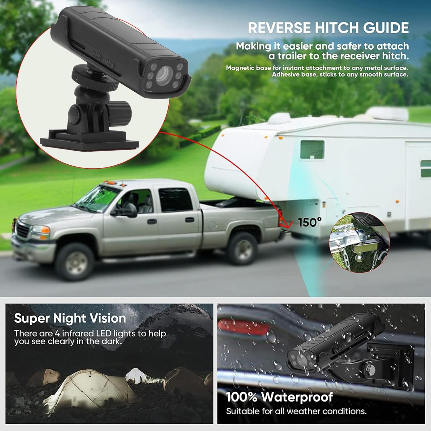 RV Reverse Hitch Guide Camera, 1080P HD Wifi Waterproof Night Vision Motion Detection Rear View Camera, 120&deg; Wide Angle Lens, for Car RV Truck Trailer image number 3