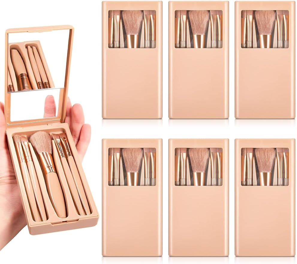 6 Sets 30 Pcs Travel Makeup Brush Set,Complete Function Cosmetic Brushes Kit,With Hard Case and Mirror,Easy-Taken,Mini Makeup Brushes,Suitable for Home,Travel,Camping(Apricot)