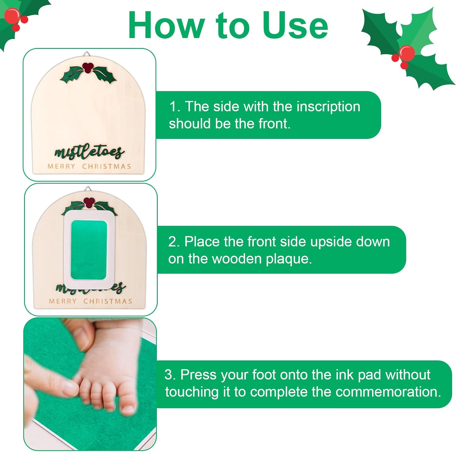 Christmas Baby Footprint Wooden Souvenir, 7.1X7.5In Wooden Baby Footprint with Green Inkpad for Baptism & Newborn Photoshoot Prop image number 1