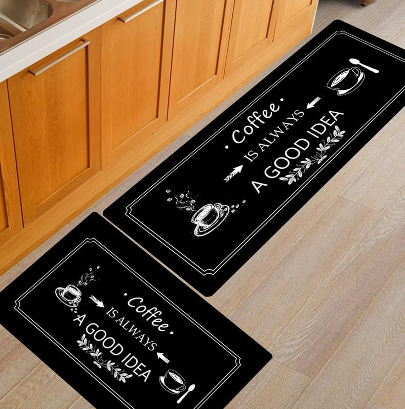 2PCS Kitchen Rugs and Mats Set of 2, Non-Slip Absorbent Coffee-Themed Kitchen Floor Mat, Kitchen Mats Washable, 50Cm X 80Cm + 50Cm X 120Cm (Black, 50Cm X 80Cm + 50Cm X 120Cm) image number 1