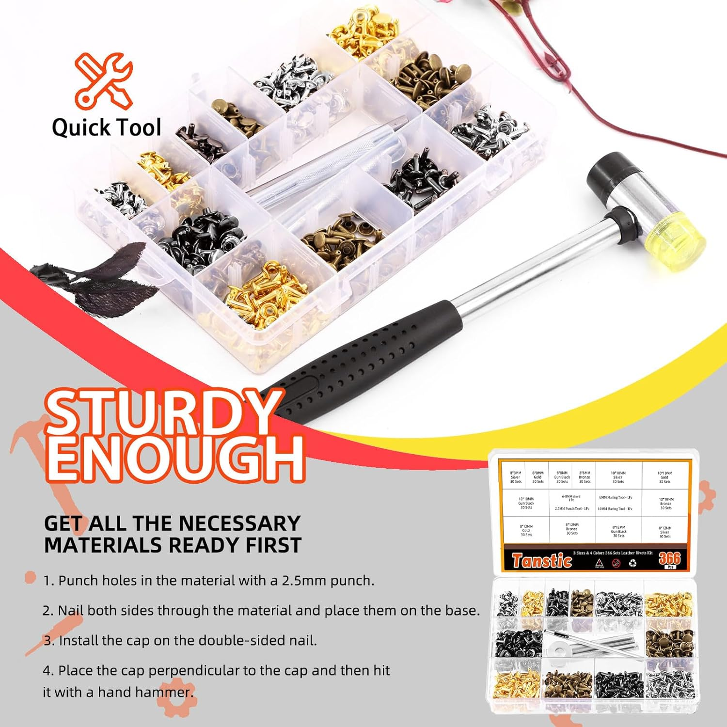Tanstic 365Pcs Leather Rivets Kit, 3 Sizes 4 Colors Double Cap Rivets Flat Tubular Metal Studs with Rubber Hammer and Setting Tool Kit for Leather Craft Repair Decoration(Silver/Gun Black/Bronze/Gold) - C Kit image number 2