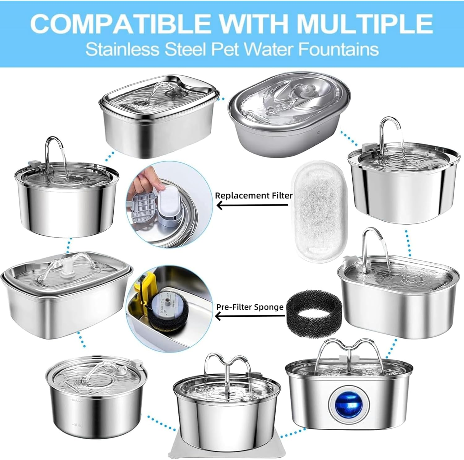 Luojinluoda Cat Water Fountain Filters - 16 Pack Premium Pet Water Fountain Filter Replacement for Stainless Steel 67Oz/2L Pet Drinking Fountain, Includes 8+8 Pack Dog Drinking Filters for Puppys image number 5