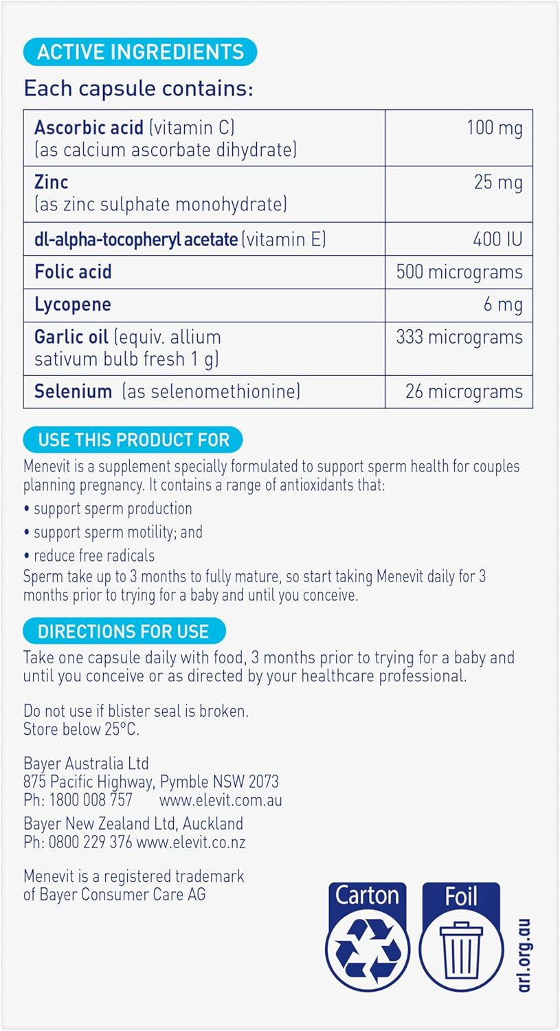 Menevit Pre-Conception Sperm Health Multivitamin with Vitamin C, Zinc, Lycopene and Selenium to Support Sperm Health, Production and Motility, 30 Count image number 3
