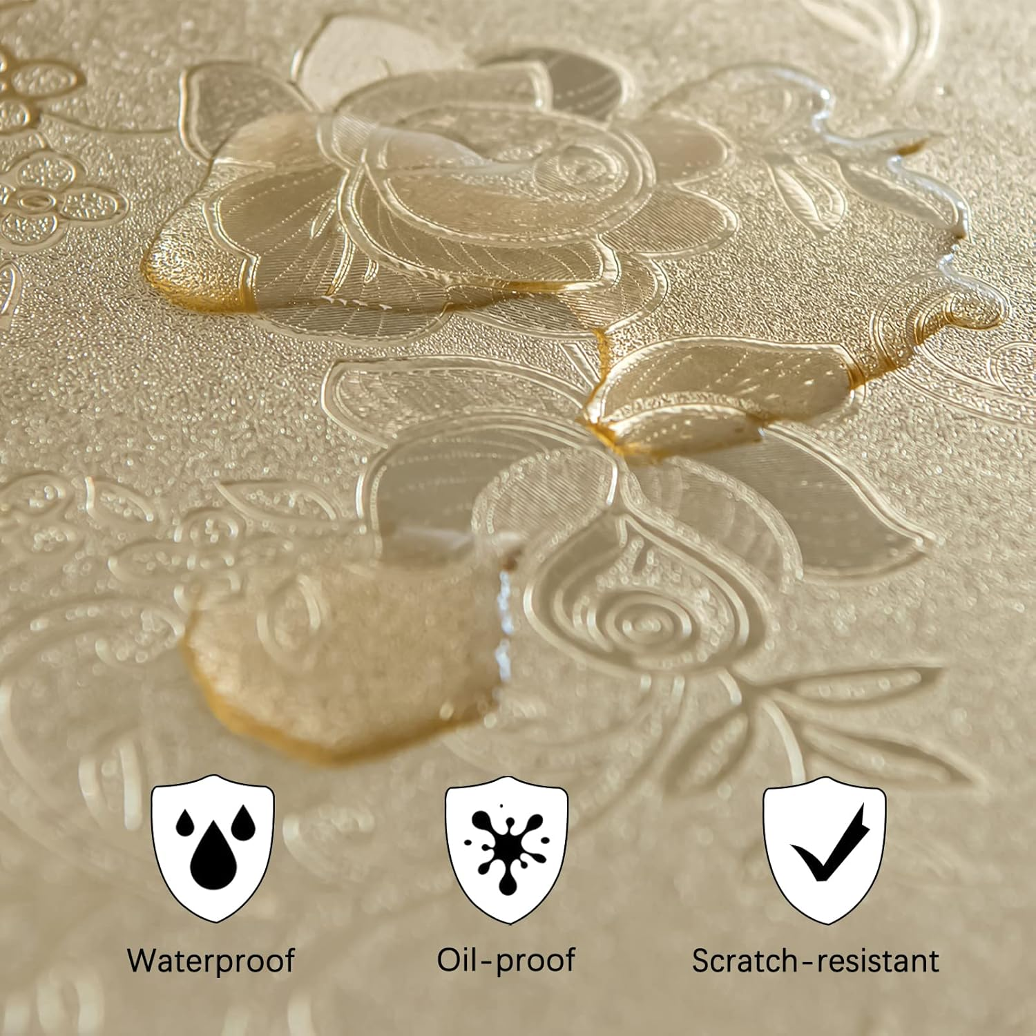 Jacquard Tablecloth, FHDUSRYO PVC Floral Pattern round Table Cloth, Waterproof Wipeable Magnolia Table Cover, Oil-Proof Table Protector for Kitchen, Dinning Room, Party (Gold, 140X140 Cm) image number 1