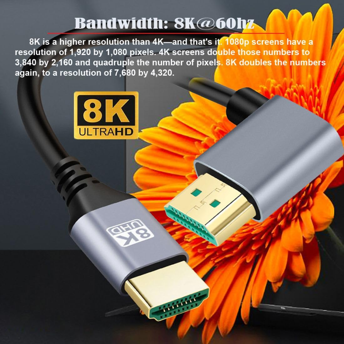 Chenyang HDMI 2.1 Cable,Hdmi Male to Male 90 Degree Left Angled 8K@60Hz 4K@120Hz 48Gbps Ultra High-Speed Gold-Plated Cable 0.5M for TV, Monitor, Computer image number 3