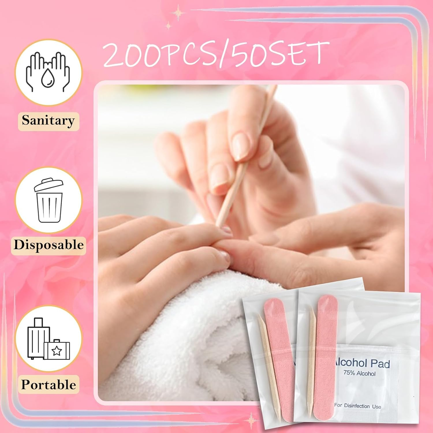 50 Set Disposable Press on Nail Tool Kit, Including 50Pcs Nail File, 50Pcs Prep Pad, 50Pcs Wood Stick, 50Pcs OPP Bag, Manicure Nail Prep Kit for Salon Home (50Pcs-A-Pink) image number 4