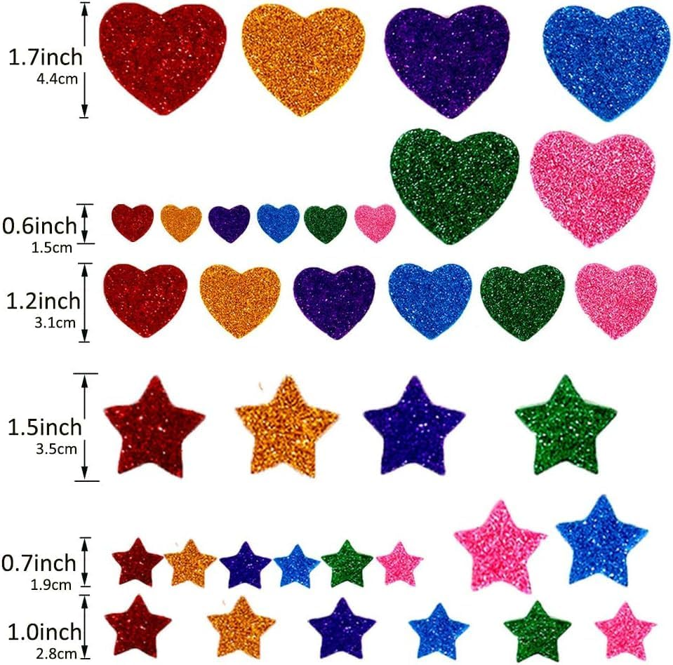 300 Pieces Colorful Glitter Foam Stickers Self Adhesive Stars Mini Heart Shapes Glitter Stickers, Kids Arts Craft Supplies Greeting Cards Home Decoration Stars&Heart Shapes,Valentines Stickers image number 5