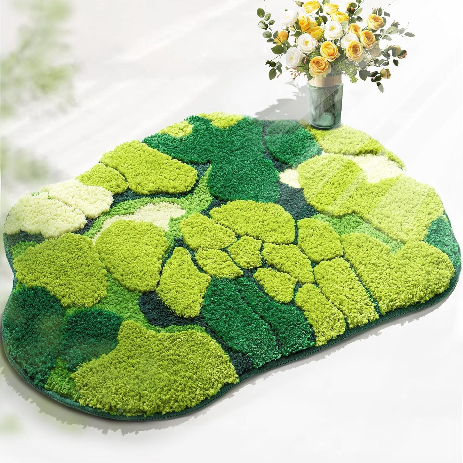 Green Moss Bathroom Rugs Cute Leaf Bath Mat for Bathroom Non Slip Soft Microfiber Water Absorbent Aesthetic Green Bathroom Decor Boho Plush Rug for Shower, 80 * 60Cm image number 4