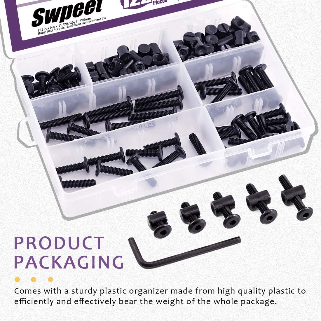 Swpeet 120Pcs Crib Hardware Screws, Black M6 &times; 15/20/25/30/35Mm Hex Socket Head Cap Crib Baby Bed Bolt and Barrel Nuts with 1 X Allen Wrench Perfect for Furniture, Cots, Crib Screws image number 6