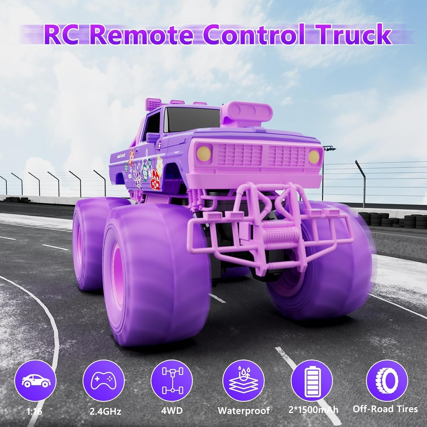 Remote Control Monster Truck for Girls- 1:16 Rc Car with 2 Batteries 2.4Ghz 4WD Off-Rock All Terrain Waterproof Amphibious Toys, for Christmas Birthday Gifts Presents Kids Boys Girls Ages 6+