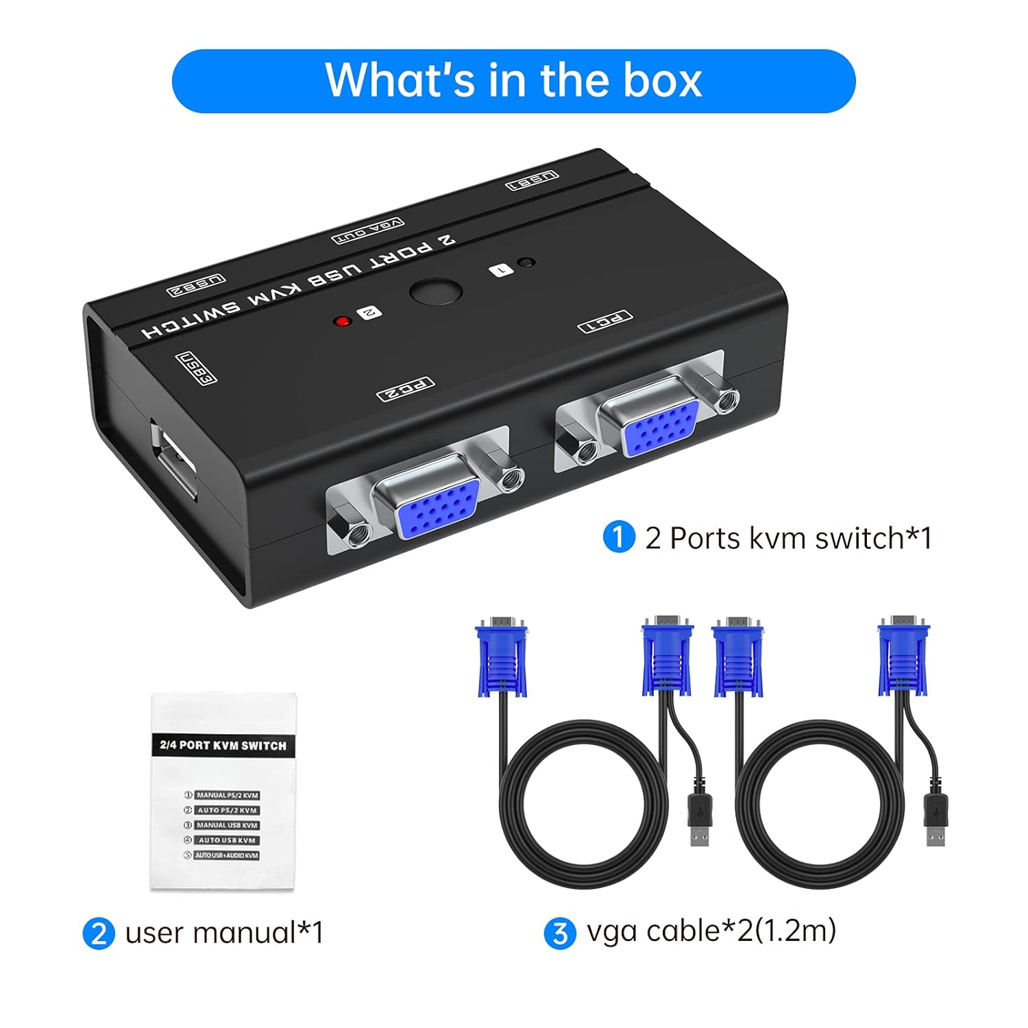 Yinker VGA KVM Switch, 2 Port USB VGA KVM Switch W/2 KVM Cables & 3 USB Hubs for 2 Computers Share One Monitor Keyboard Mouse image number 1